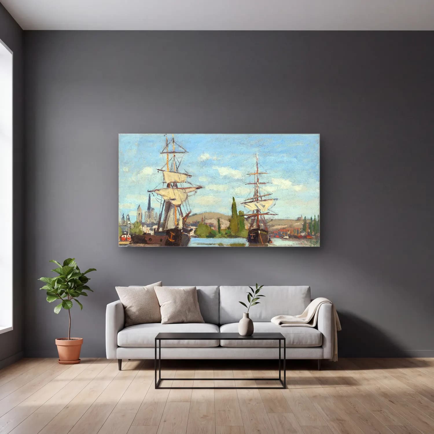 Claude Monet – Ships Riding on the Seine at Rouen – Siyah Beyaz Tonlar cam tablo — gri duvarlı salonda