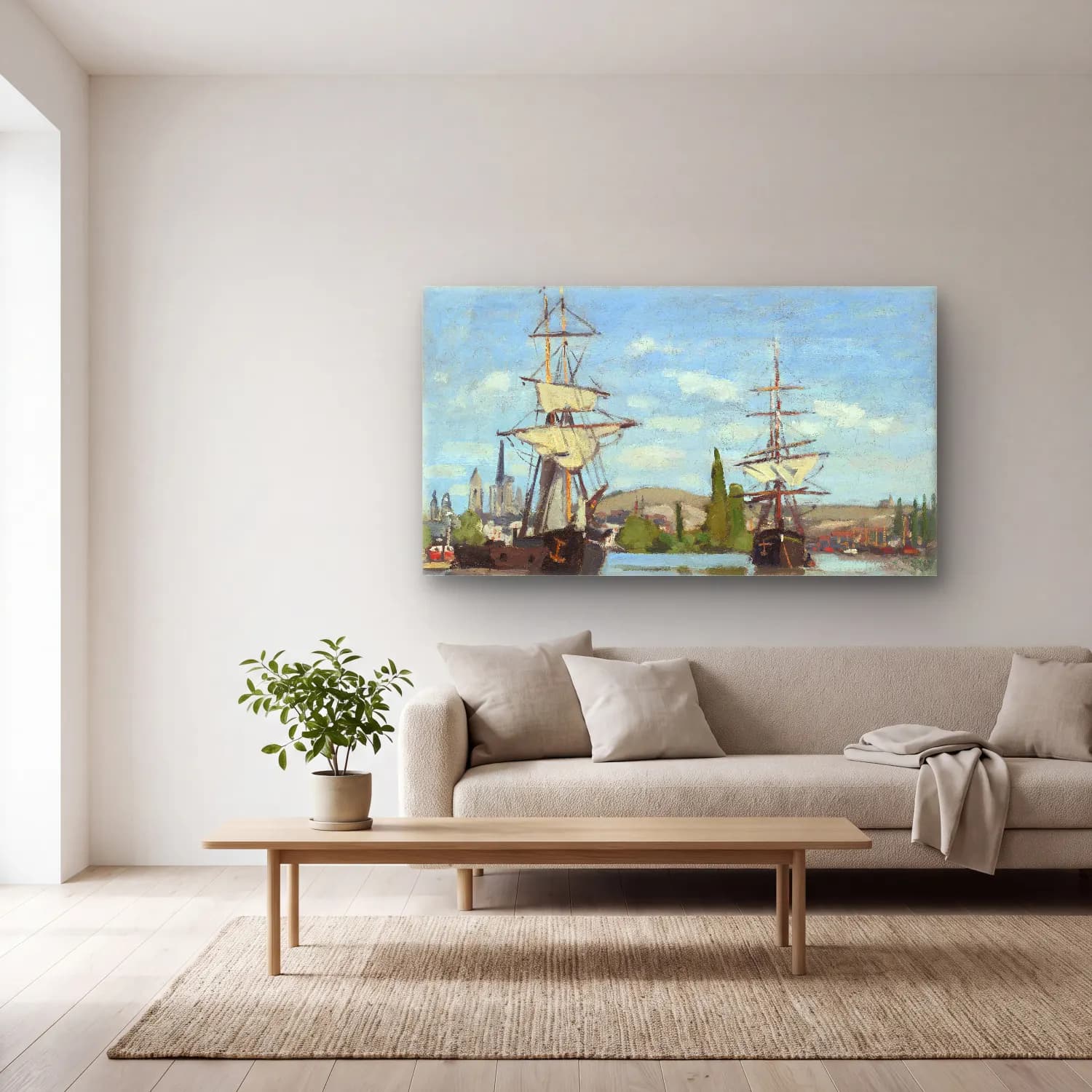 Claude Monet – Ships Riding on the Seine at Rouen – Siyah Beyaz Tonlar cam tablo — açık renk salonda
