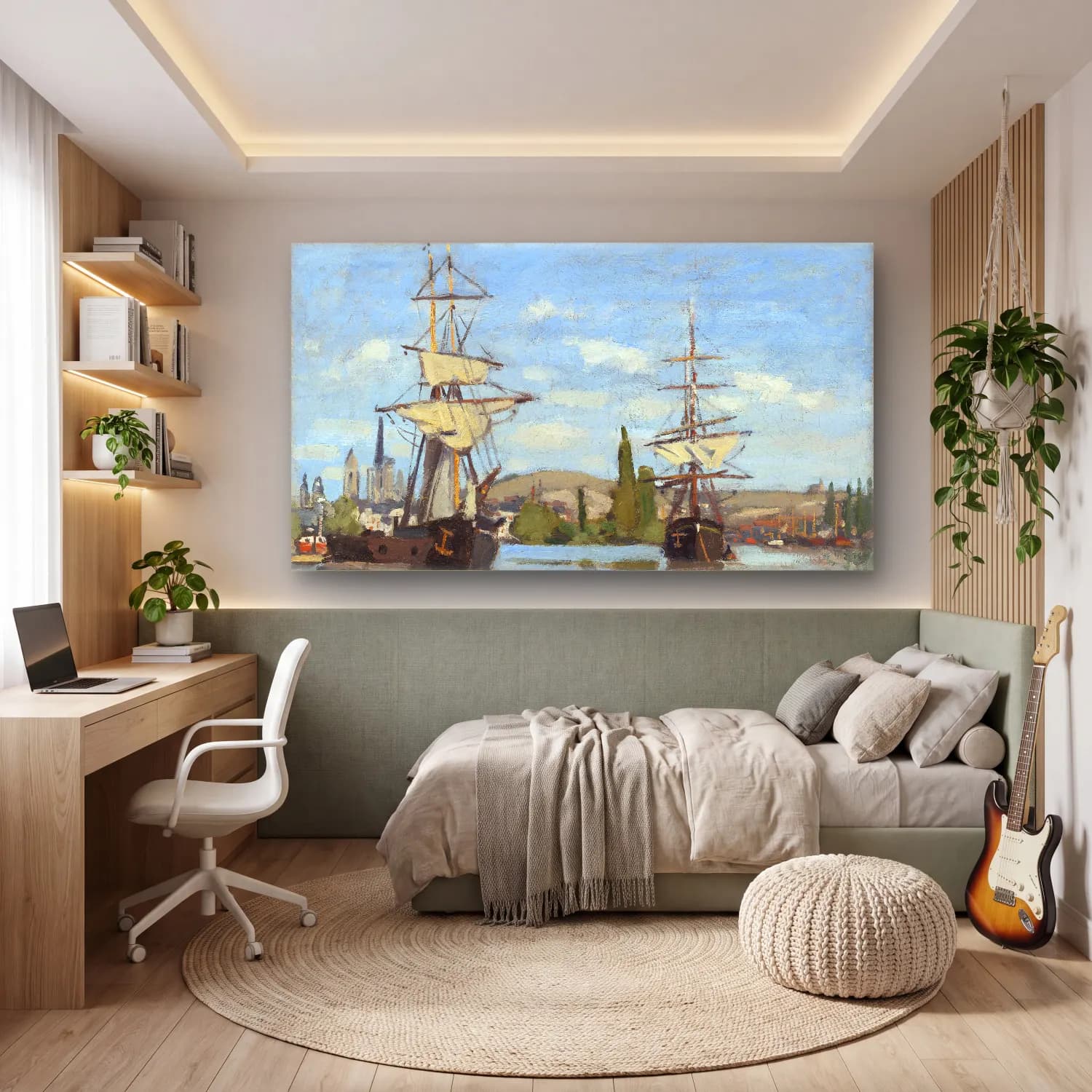 Claude Monet – Ships Riding on the Seine at Rouen – Siyah Beyaz Tonlar cam tablo — genç odasında