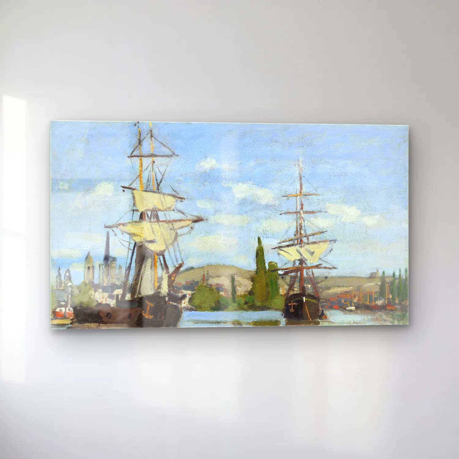 Claude Monet – Ships Riding on the Seine at Rouen – Siyah Beyaz Tonlar cam tablo — sol açıdan görünüm