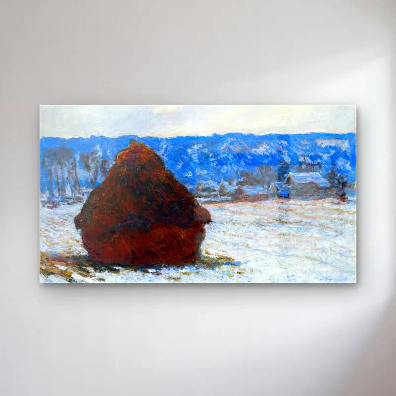 Claude Monet – Stack of Wheat, Snow Effect, Overcast Day cam tablo — Claude Monet – Stack of Wheat, Snow Effect, Overcast Day — empresyonist karlı kış manzarası