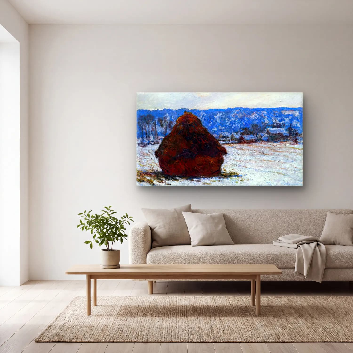 Claude Monet – Stack of Wheat, Snow Effect, Overcast Day cam tablo — açık renk salonda
