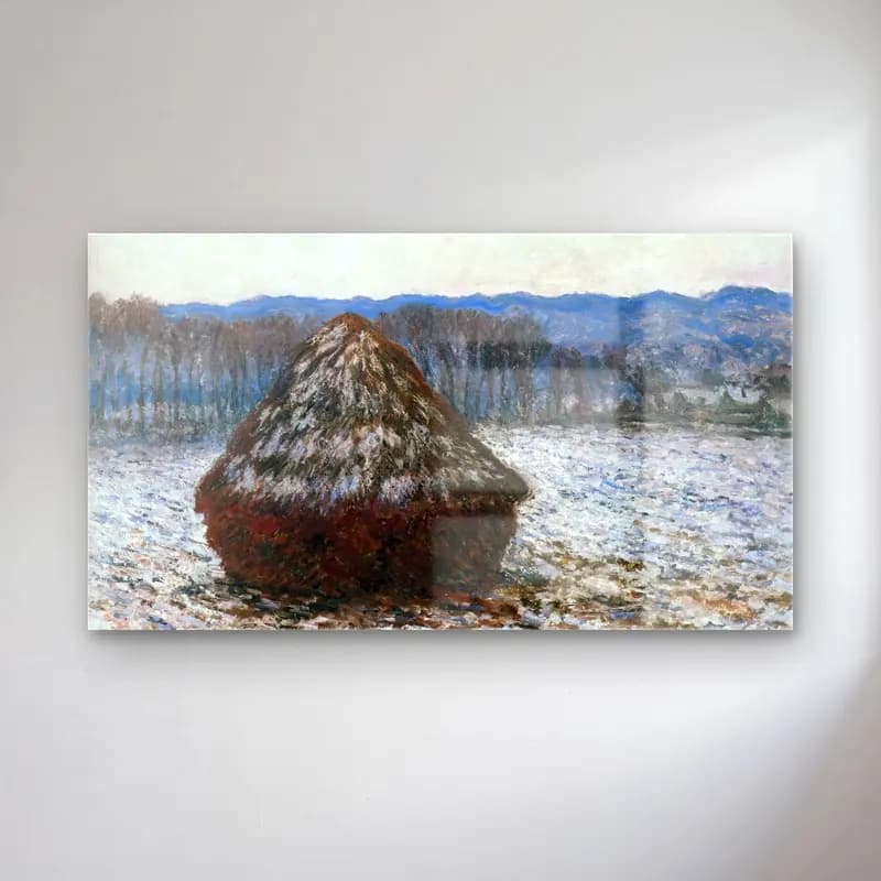 Claude Monet – Stack of Wheat – Pastel Tonlar cam tablo — Claude Monet – Stack of Wheat – Pastel Tonlar — empresyonist karlı kış manzarası