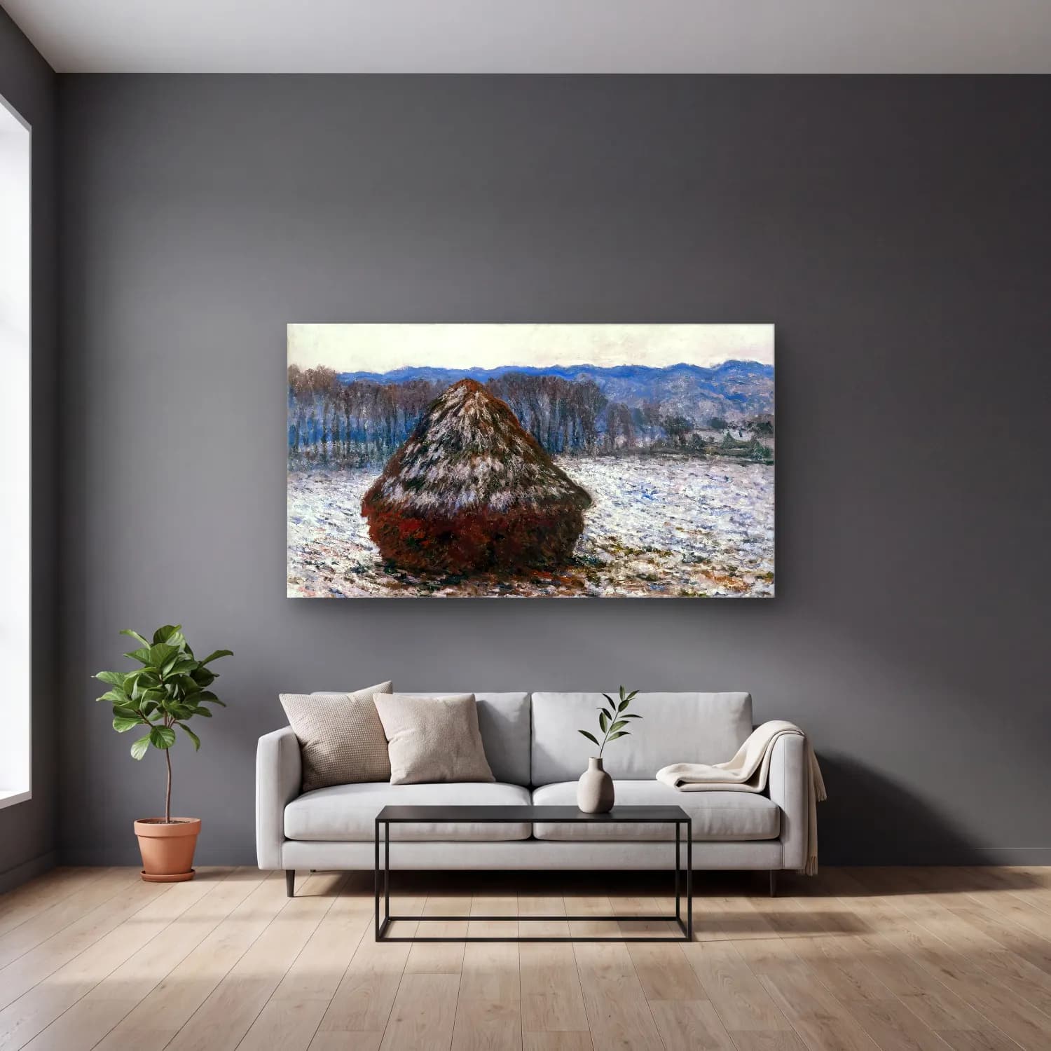 Claude Monet – Stack of Wheat – Pastel Tonlar cam tablo — gri duvarlı salonda