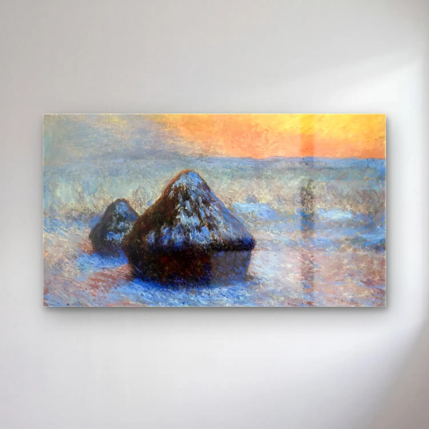 Claude Monet – Stacks of Wheat, Sunset, Snow Effect cam tablo — Claude Monet – Stacks of Wheat, Sunset, Snow Effect — empresyonist renk alanları