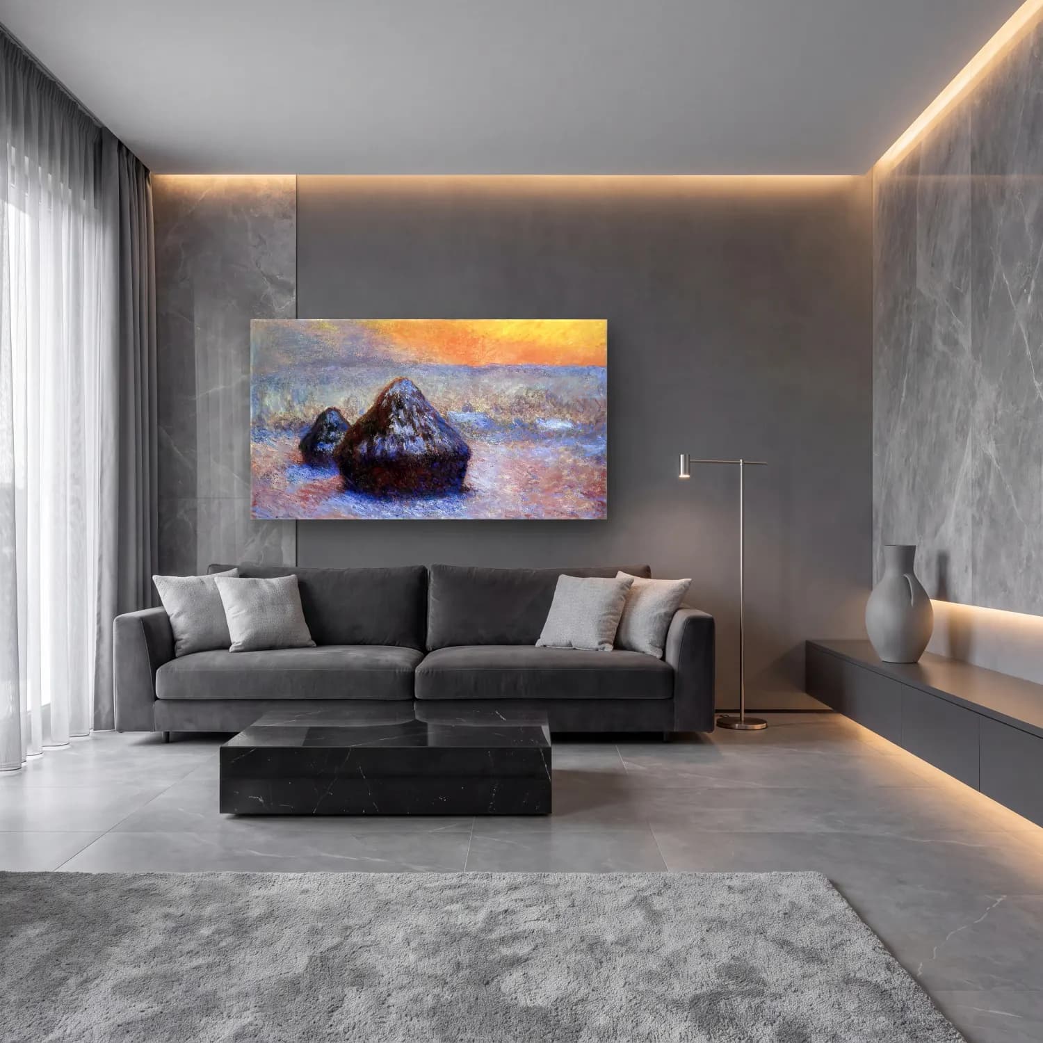 Claude Monet – Stacks of Wheat, Sunset, Snow Effect cam tablo — lüks salon duvarında