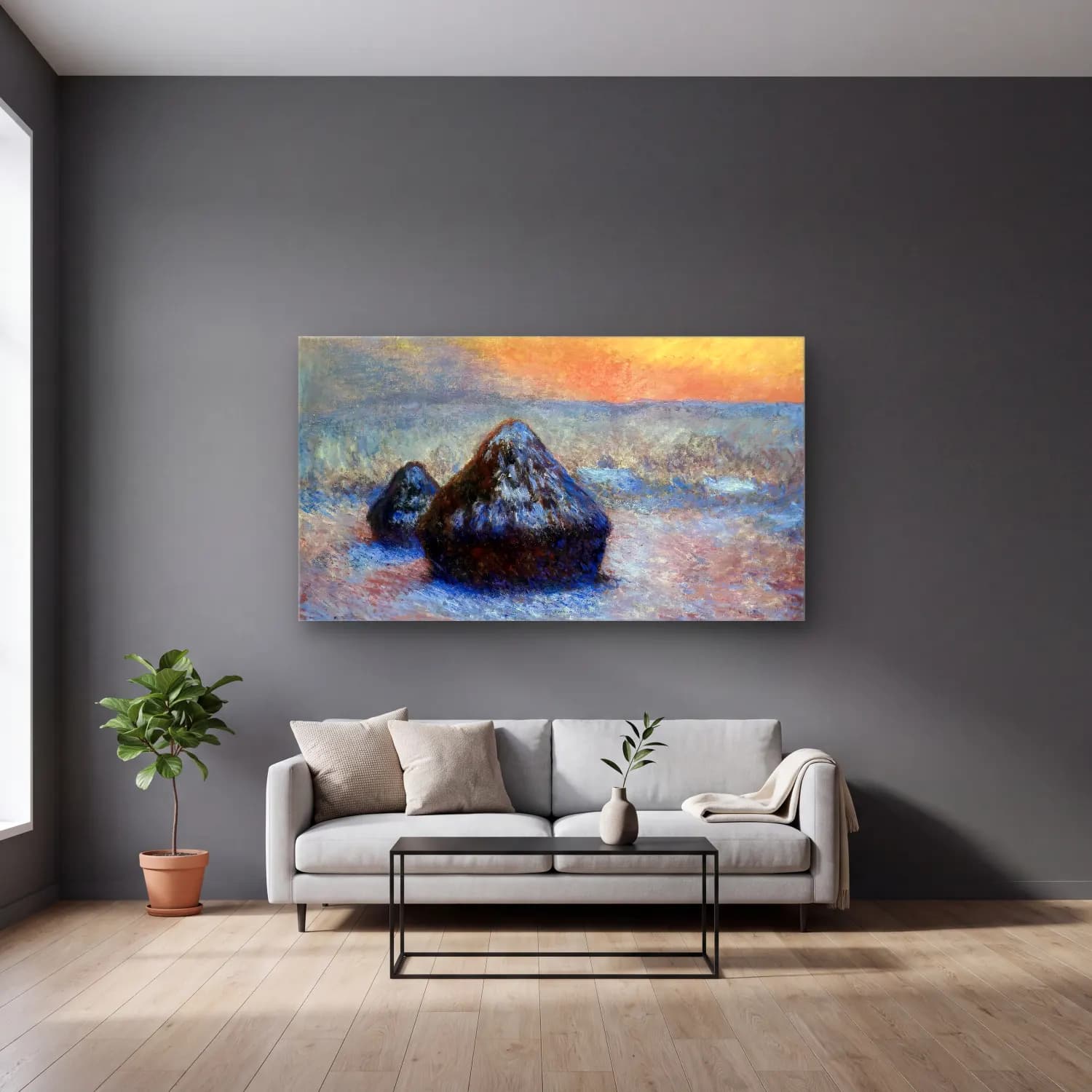 Claude Monet – Stacks of Wheat, Sunset, Snow Effect cam tablo — gri duvarlı salonda