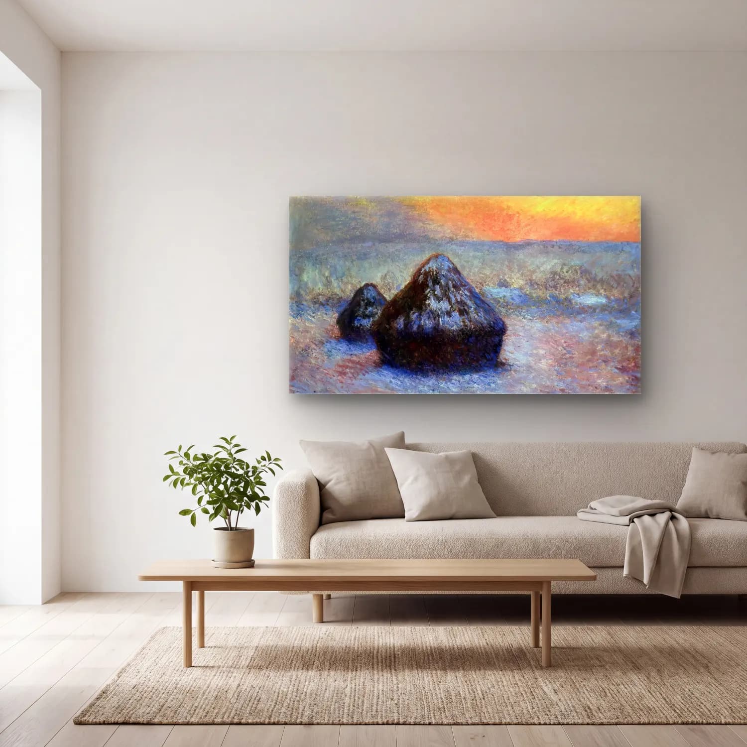 Claude Monet – Stacks of Wheat, Sunset, Snow Effect cam tablo — açık renk salonda