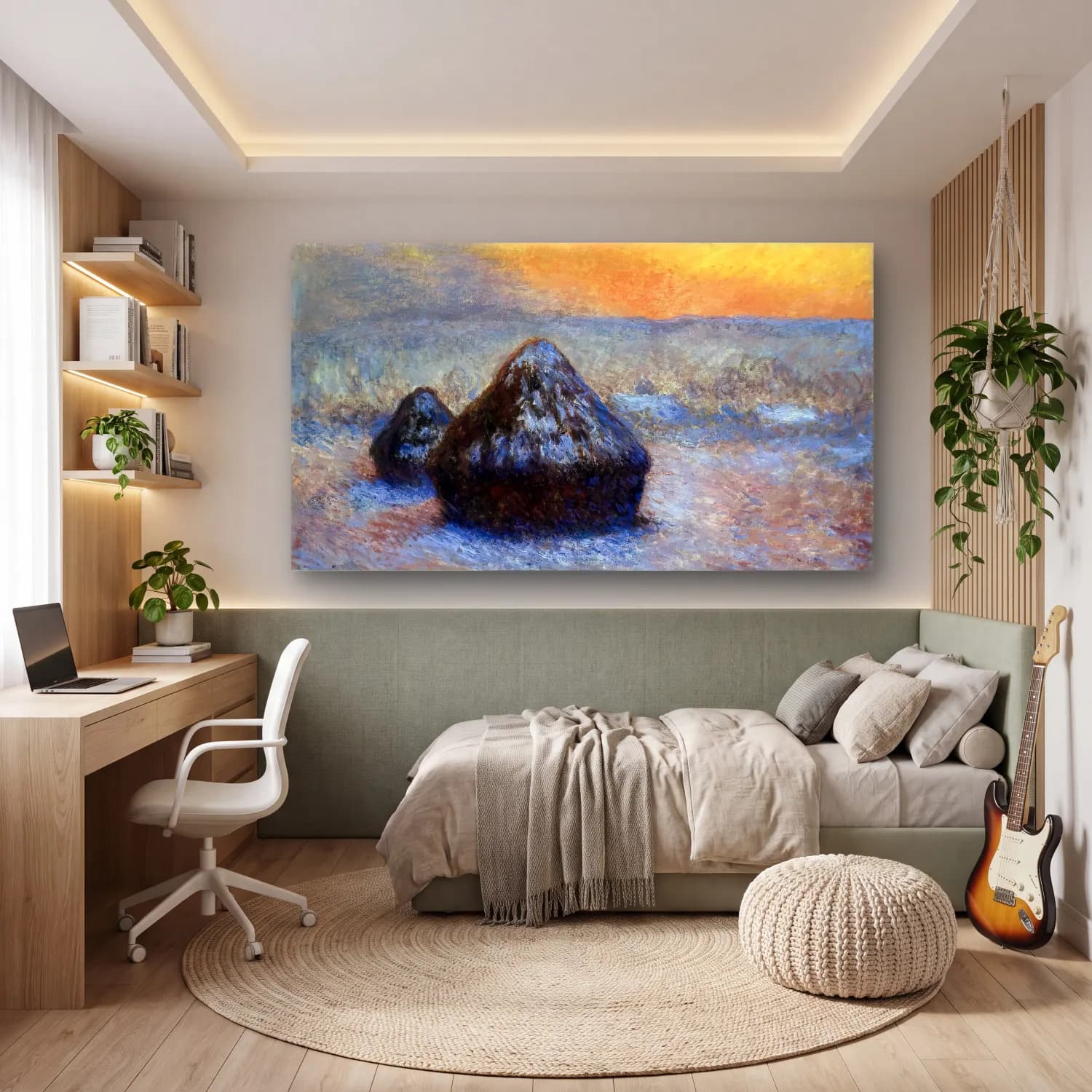 Claude Monet – Stacks of Wheat, Sunset, Snow Effect cam tablo — genç odasında