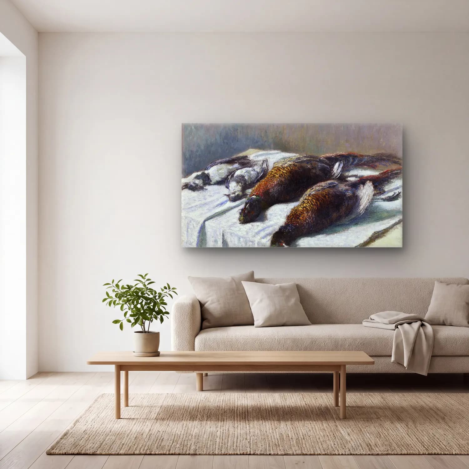 Claude Monet – Still Life with Pheasants and Plovers cam tablo — açık renk salonda