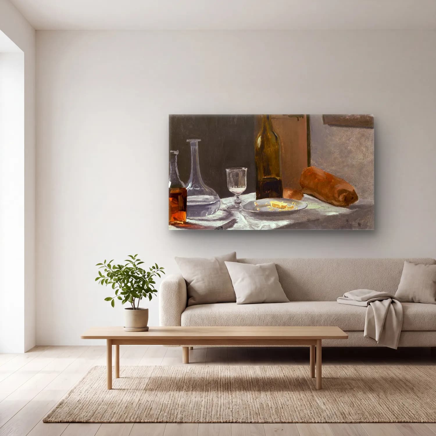 Claude Monet – Still life with bottle carafe bread and wine cam tablo — açık renk salonda