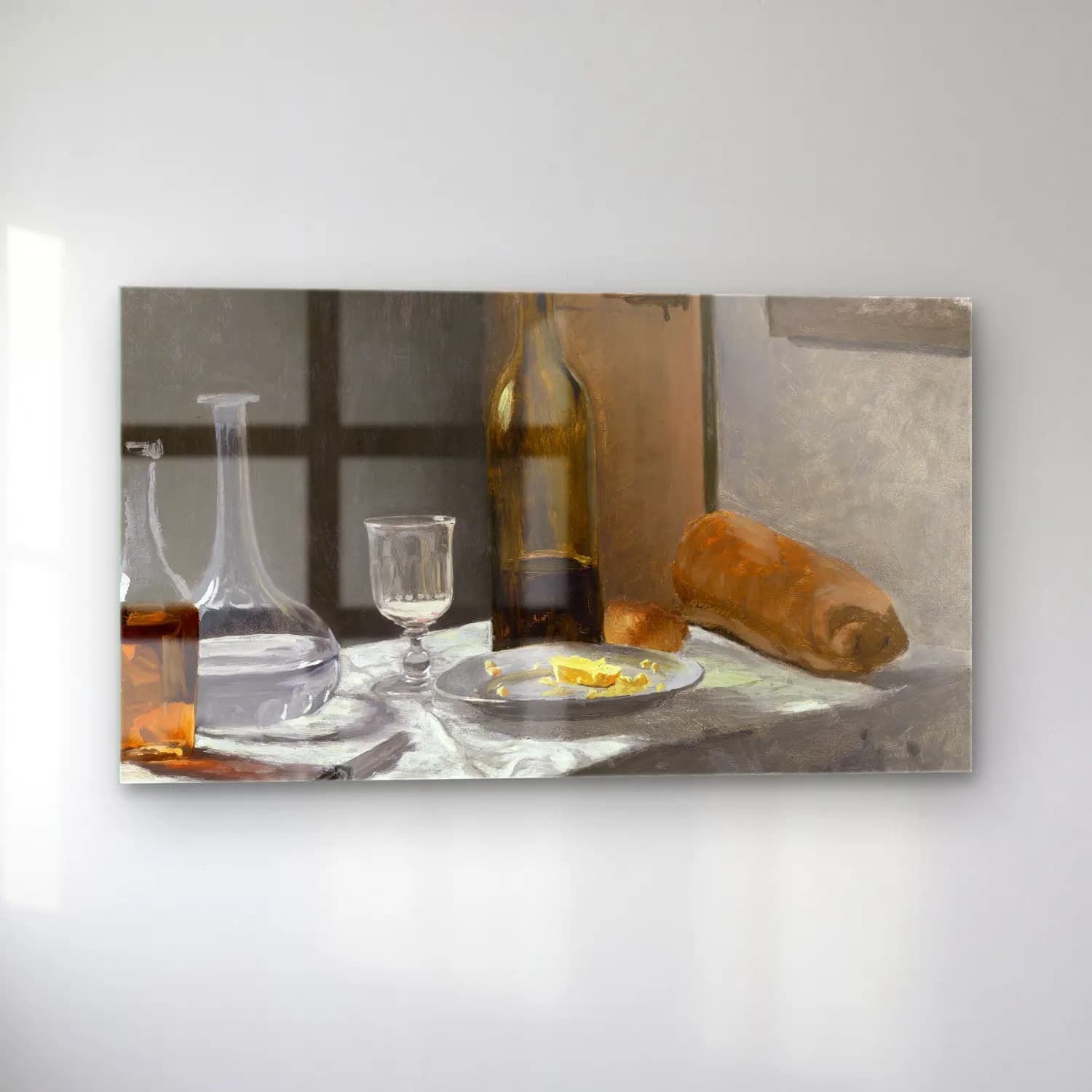 Claude Monet – Still life with bottle carafe bread and wine cam tablo — sol açıdan görünüm