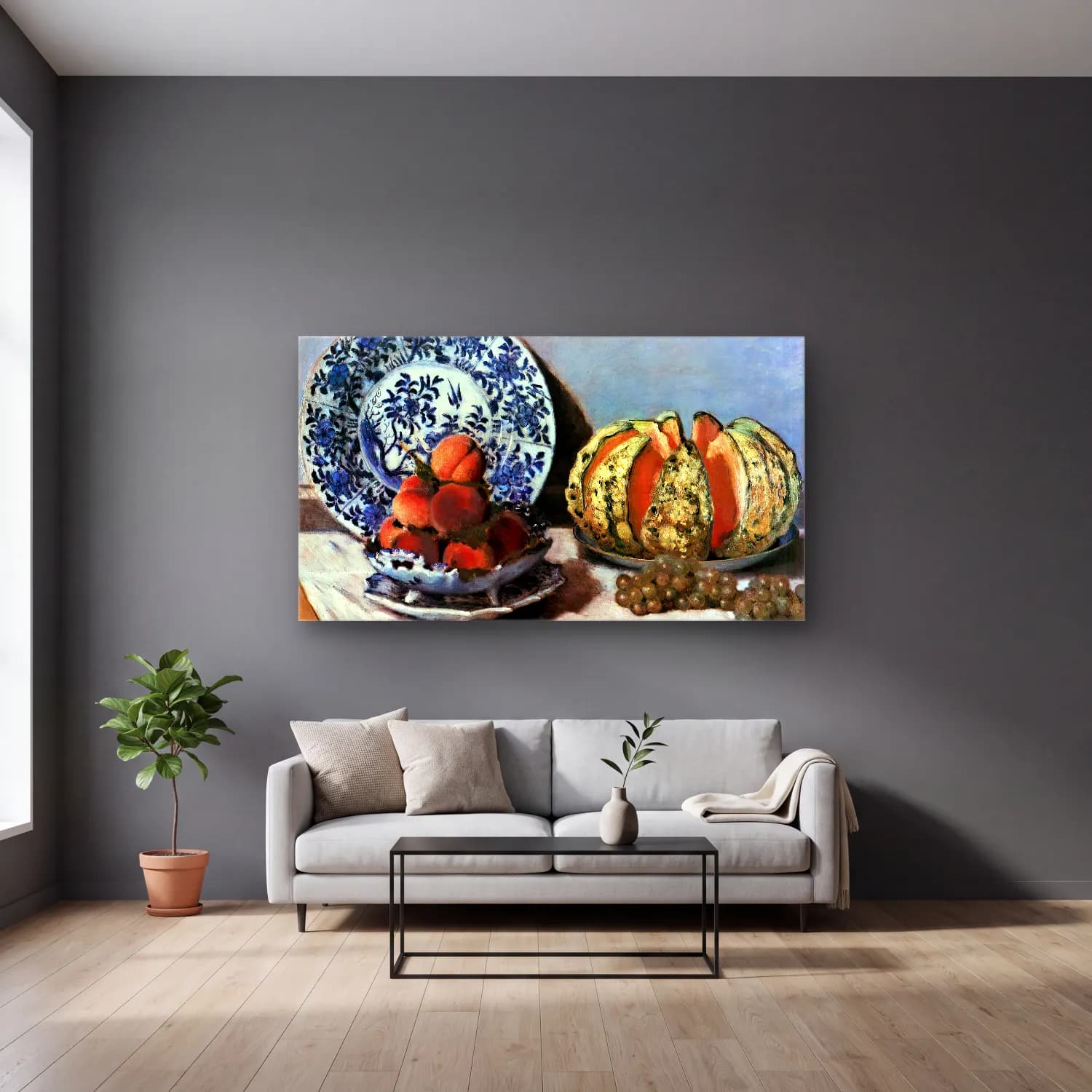 Claude Monet – Still-Life with Melon cam tablo — gri duvarlı salonda