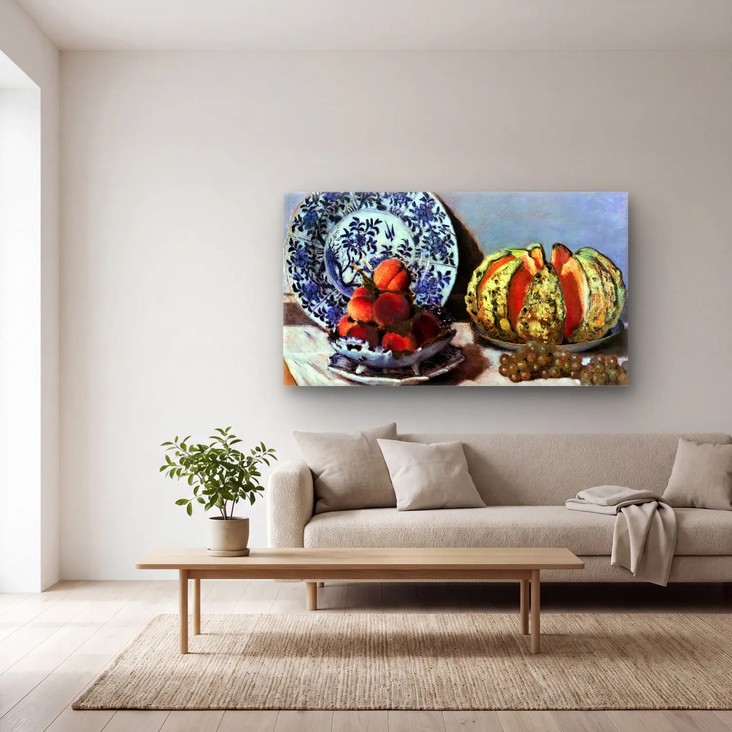 Claude Monet – Still-Life with Melon cam tablo — açık renk salonda