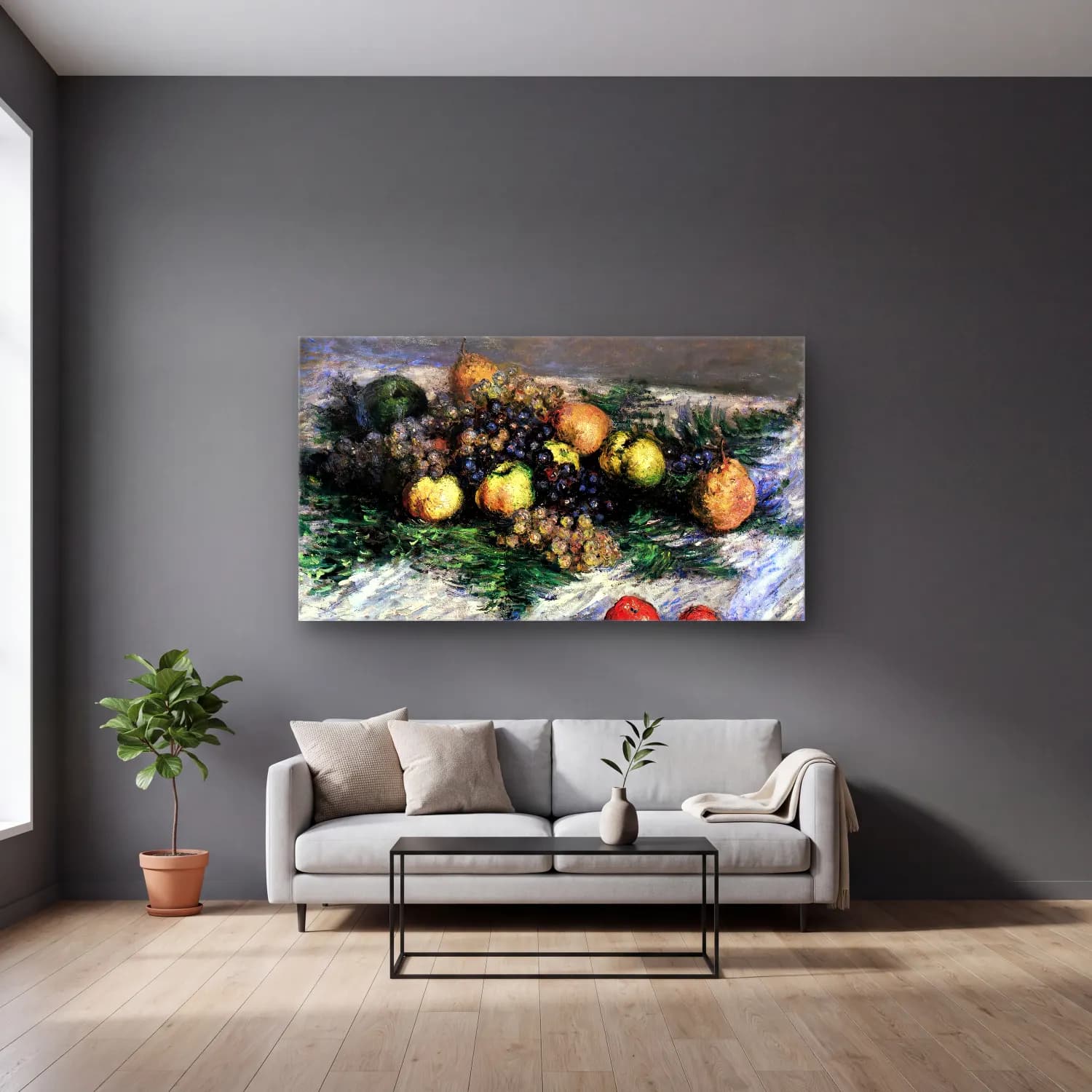 Claude Monet – Still-Life with Pears and Grapes cam tablo — gri duvarlı salonda