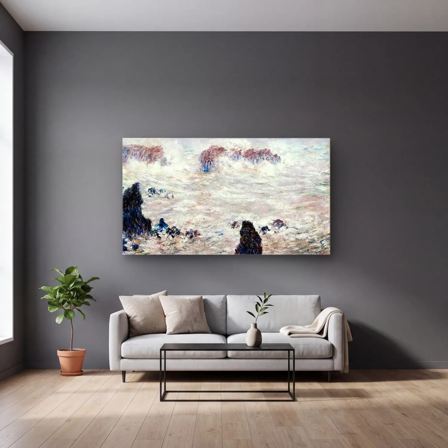 Claude Monet – Storm off Belle-Île cam tablo — gri duvarlı salonda