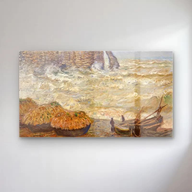 Claude Monet – Stormy Sea in Étretat cam tablo — Claude Monet – Stormy Sea in Étretat — empresyonist fırtınalı denizde gemi