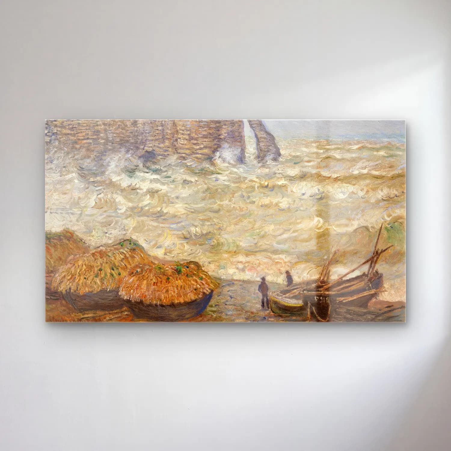 Claude Monet – Stormy Sea in Étretat cam tablo — Claude Monet – Stormy Sea in Étretat — empresyonist fırtınalı denizde gemi