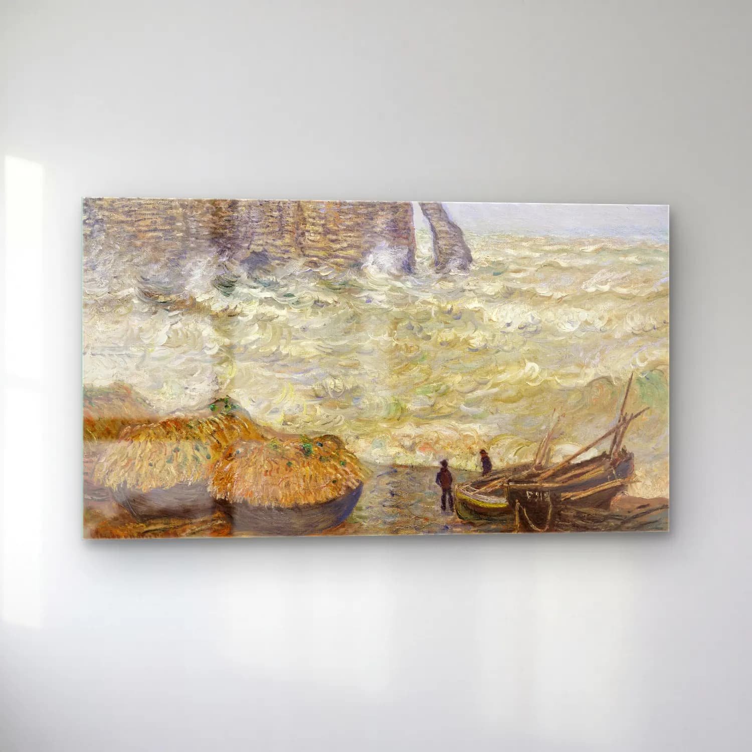 Claude Monet – Stormy Sea in Étretat cam tablo — sol açıdan görünüm