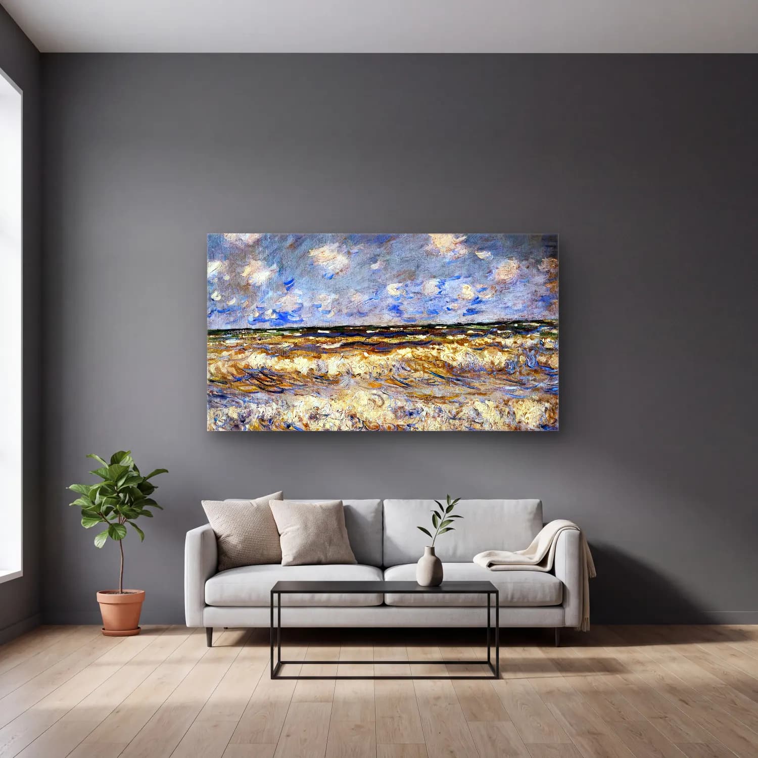 Claude Monet – Stormy Sea cam tablo — gri duvarlı salonda