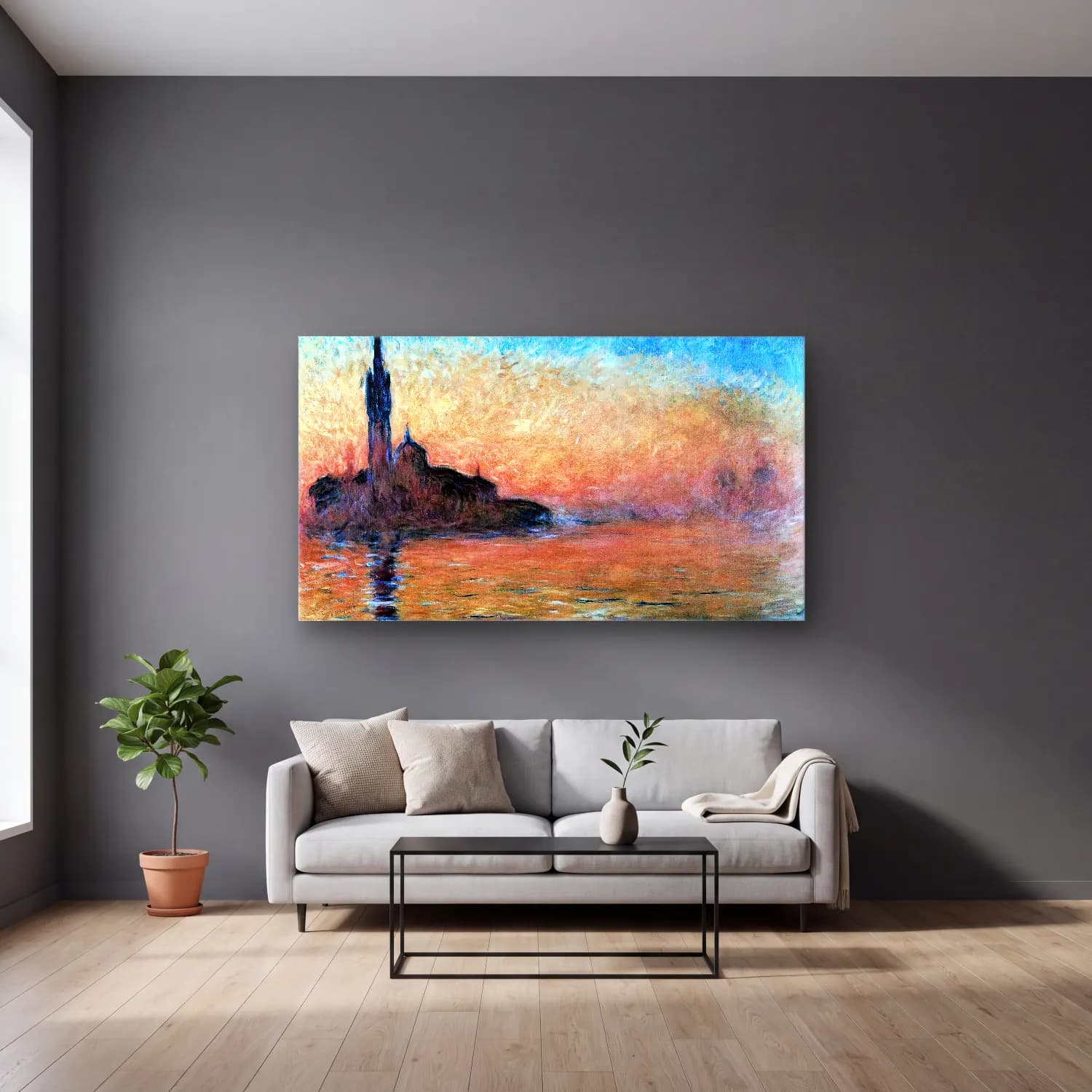 Claude Monet – Sunset in Venice cam tablo — gri duvarlı salonda