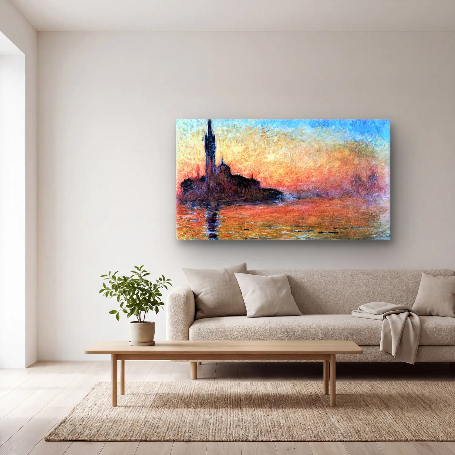 Claude Monet – Sunset in Venice cam tablo — açık renk salonda