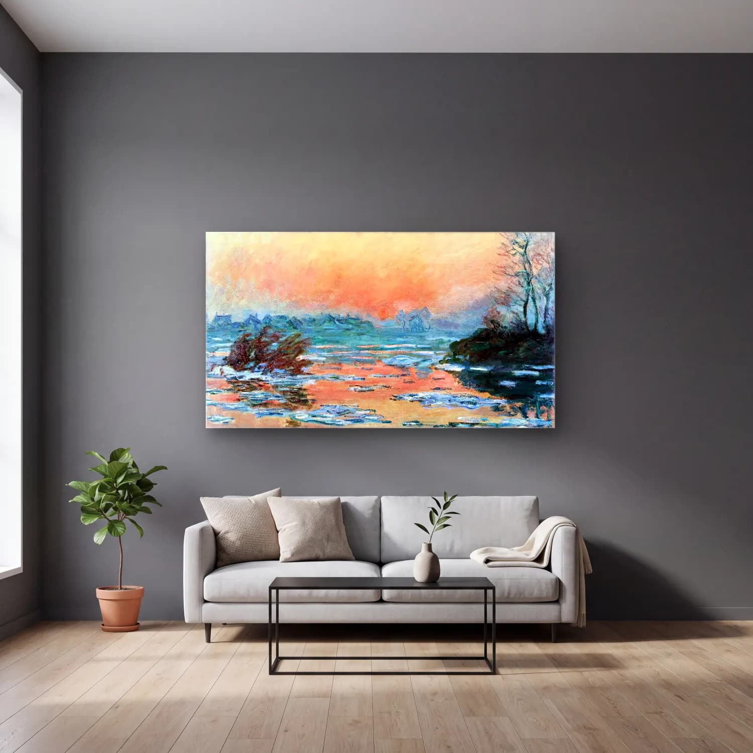 Claude Monet – Sunset on the Seine in Winter cam tablo — gri duvarlı salonda