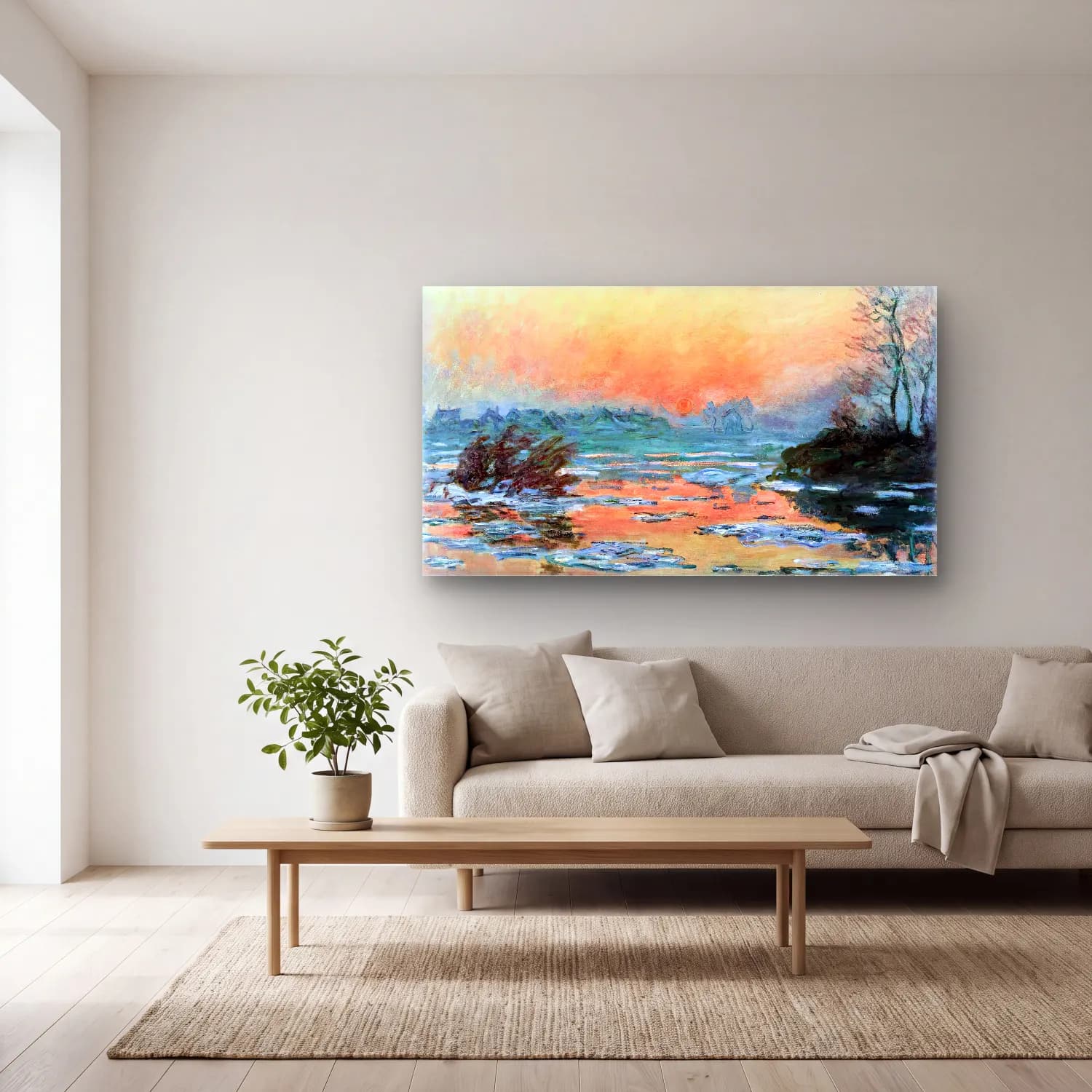Claude Monet – Sunset on the Seine in Winter cam tablo — açık renk salonda