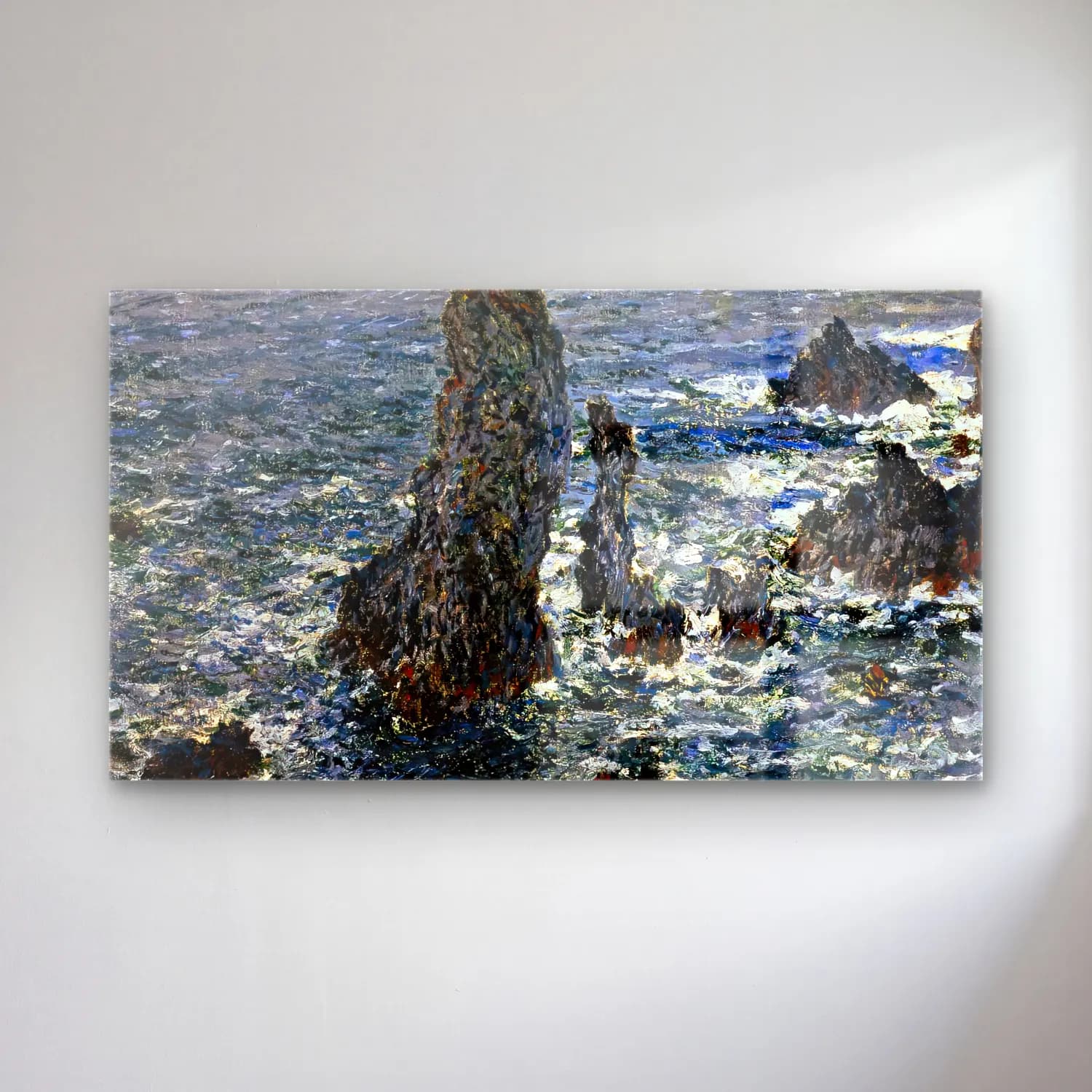 Claude Monet – The Pyramides at Port-Coton cam tablo — Claude Monet – The Pyramides at Port-Coton — empresyonist dalgalı sahil