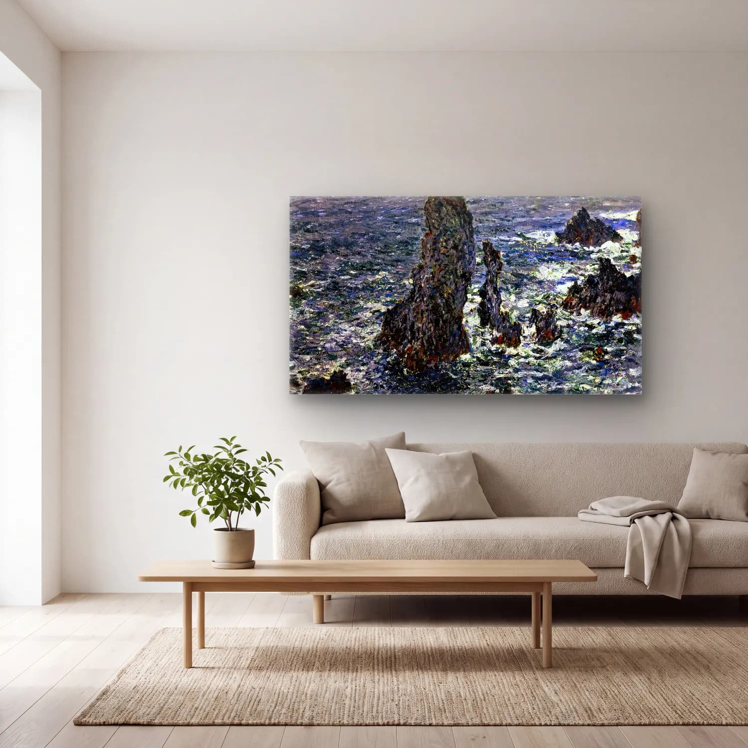 Claude Monet – The Pyramides at Port-Coton cam tablo — açık renk salonda