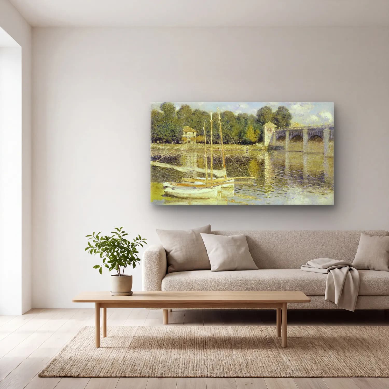 Claude Monet – The Argenteuil Bridge cam tablo — açık renk salonda