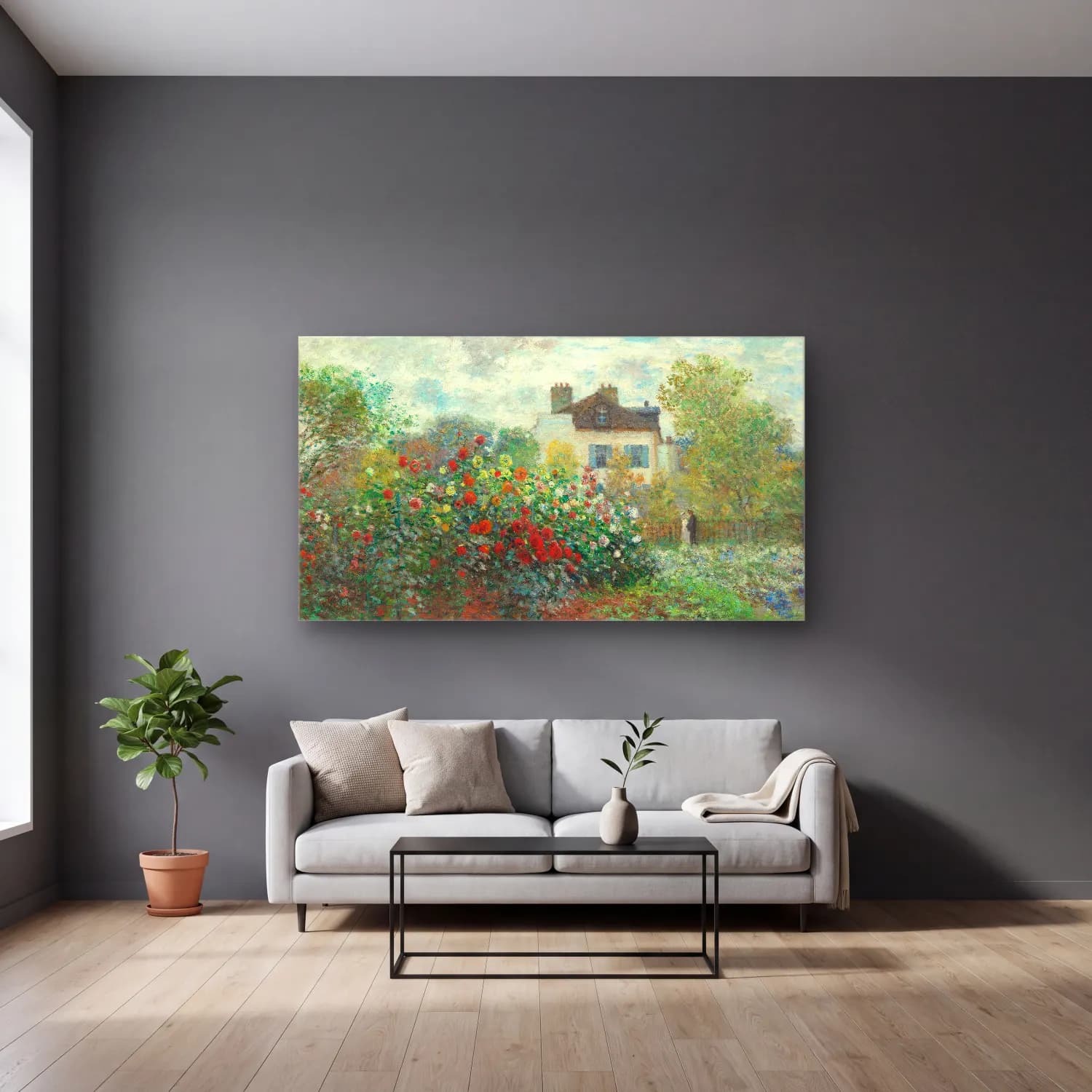 Claude Monet – The Artist s Garden in Argenteuil cam tablo — gri duvarlı salonda