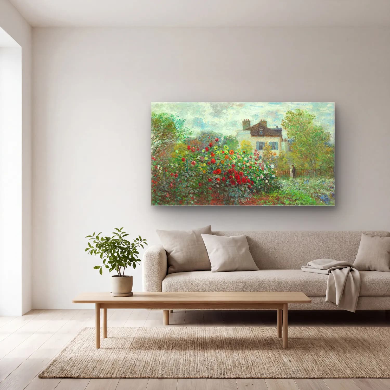 Claude Monet – The Artist s Garden in Argenteuil cam tablo — açık renk salonda
