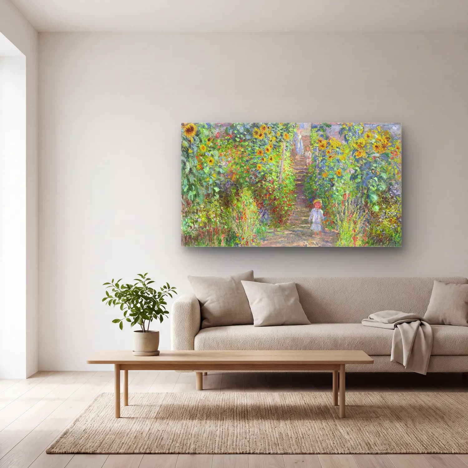 Claude Monet – The Artist‘s Garden at Vétheuil cam tablo — açık renk salonda