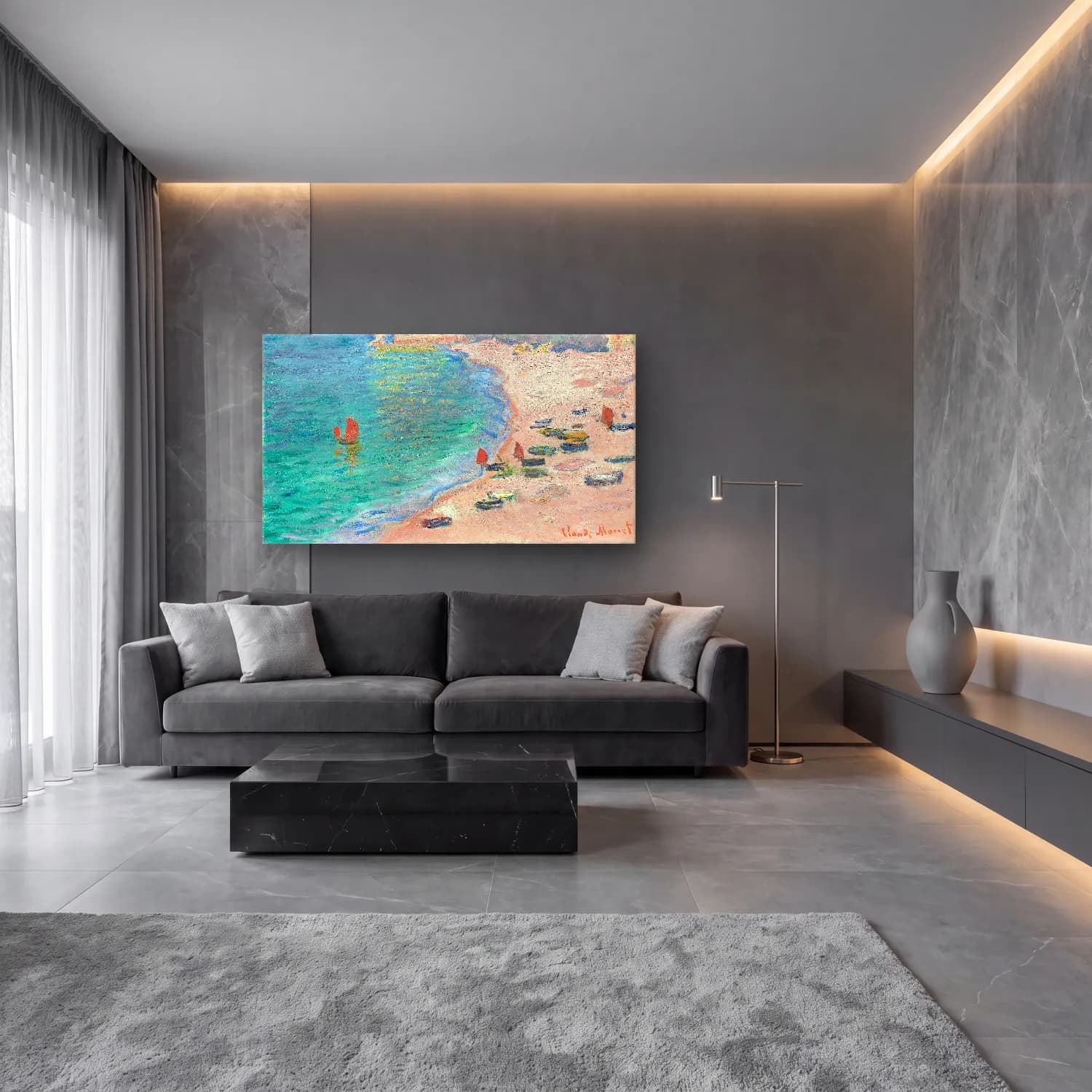 Claude Monet – The Beach and the Falaise d Amont cam tablo — lüks salon duvarında