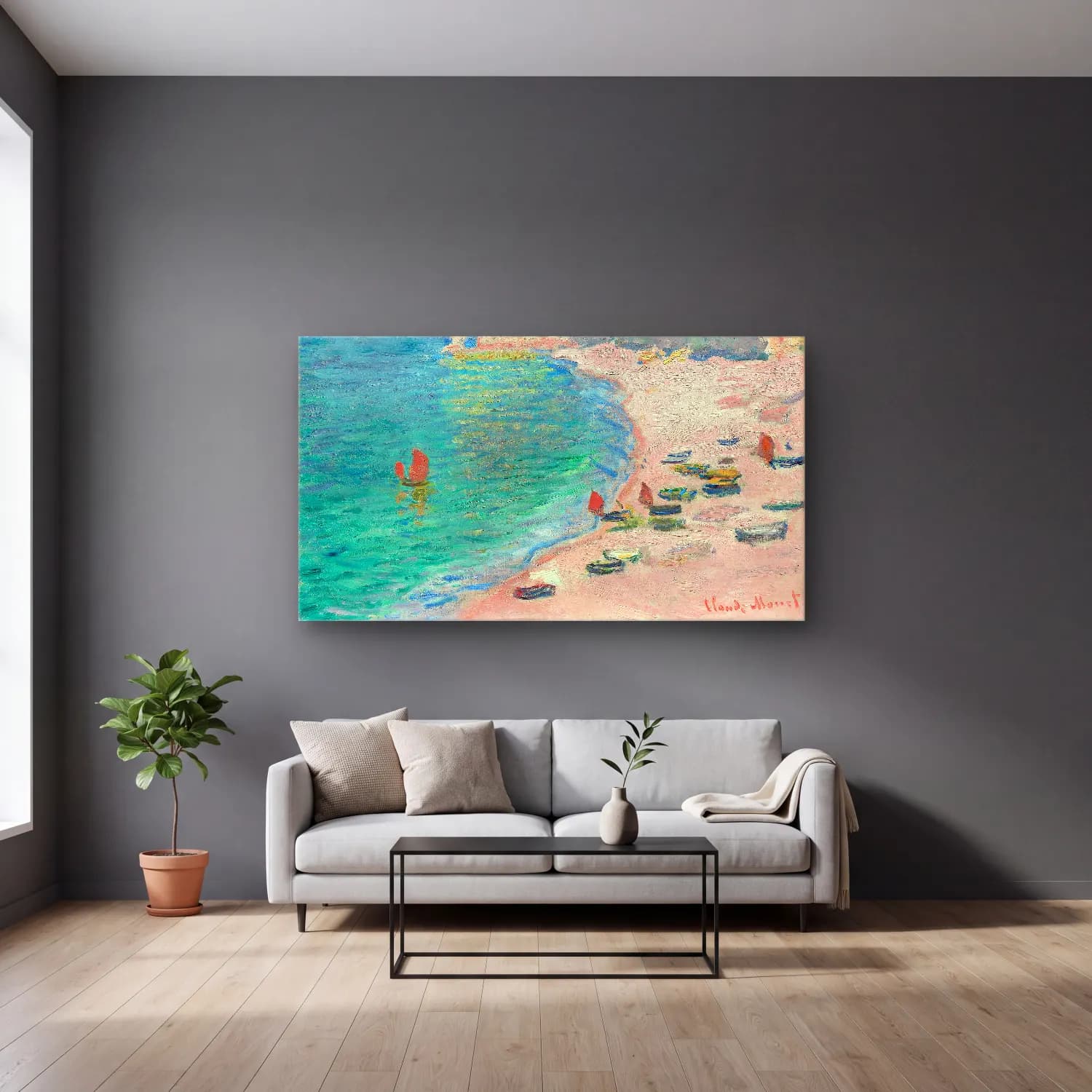 Claude Monet – The Beach and the Falaise d Amont cam tablo — gri duvarlı salonda
