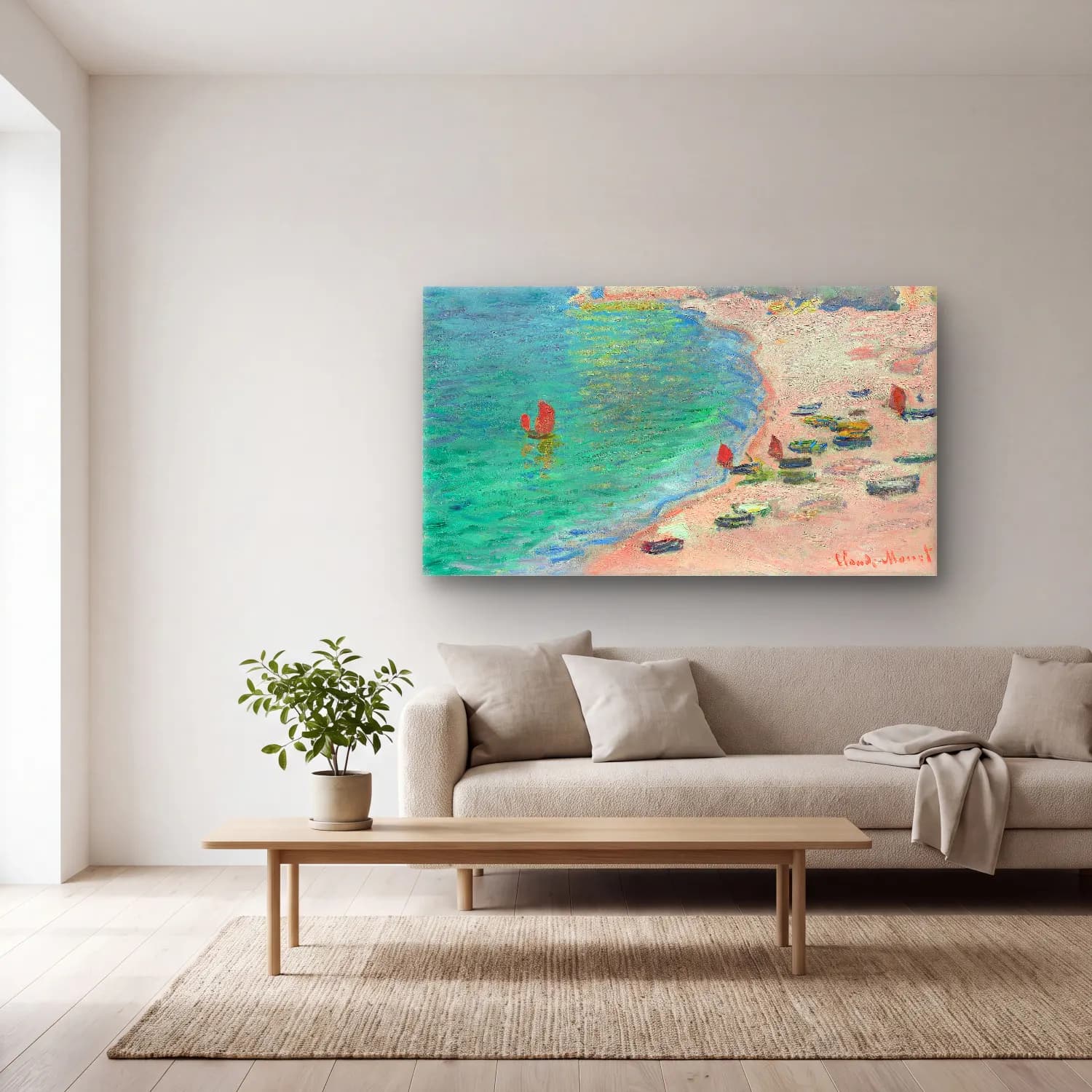 Claude Monet – The Beach and the Falaise d Amont cam tablo — açık renk salonda