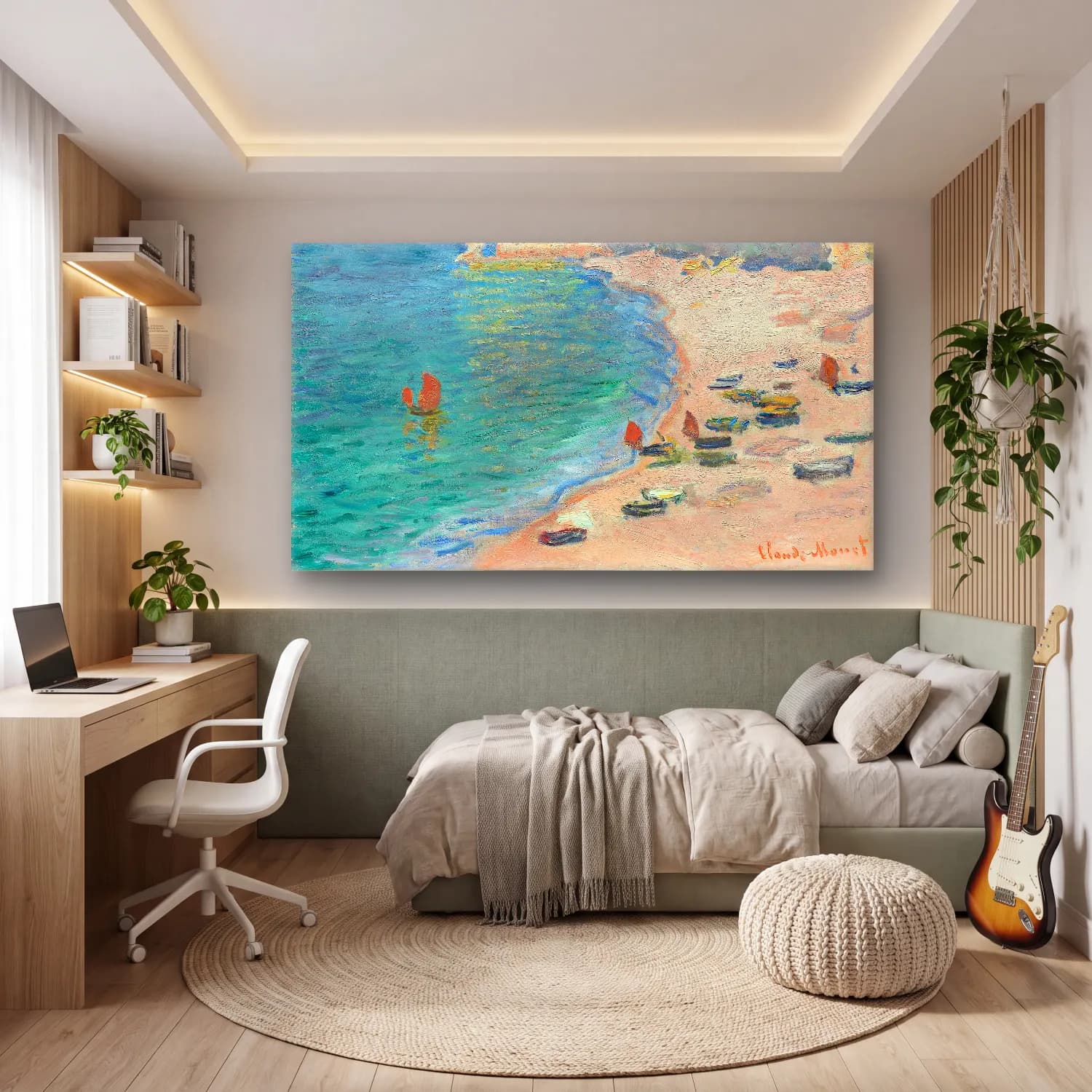 Claude Monet – The Beach and the Falaise d Amont cam tablo — genç odasında