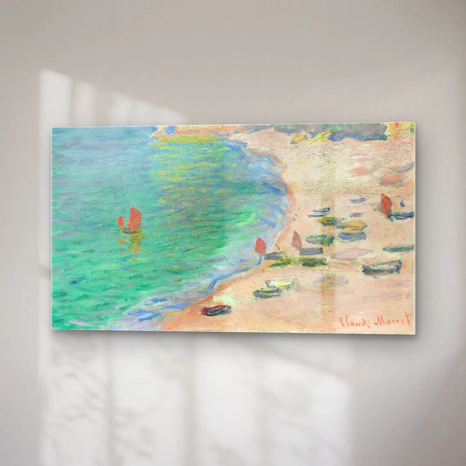 Claude Monet – The Beach and the Falaise d Amont cam tablo — sağ açıdan görünüm