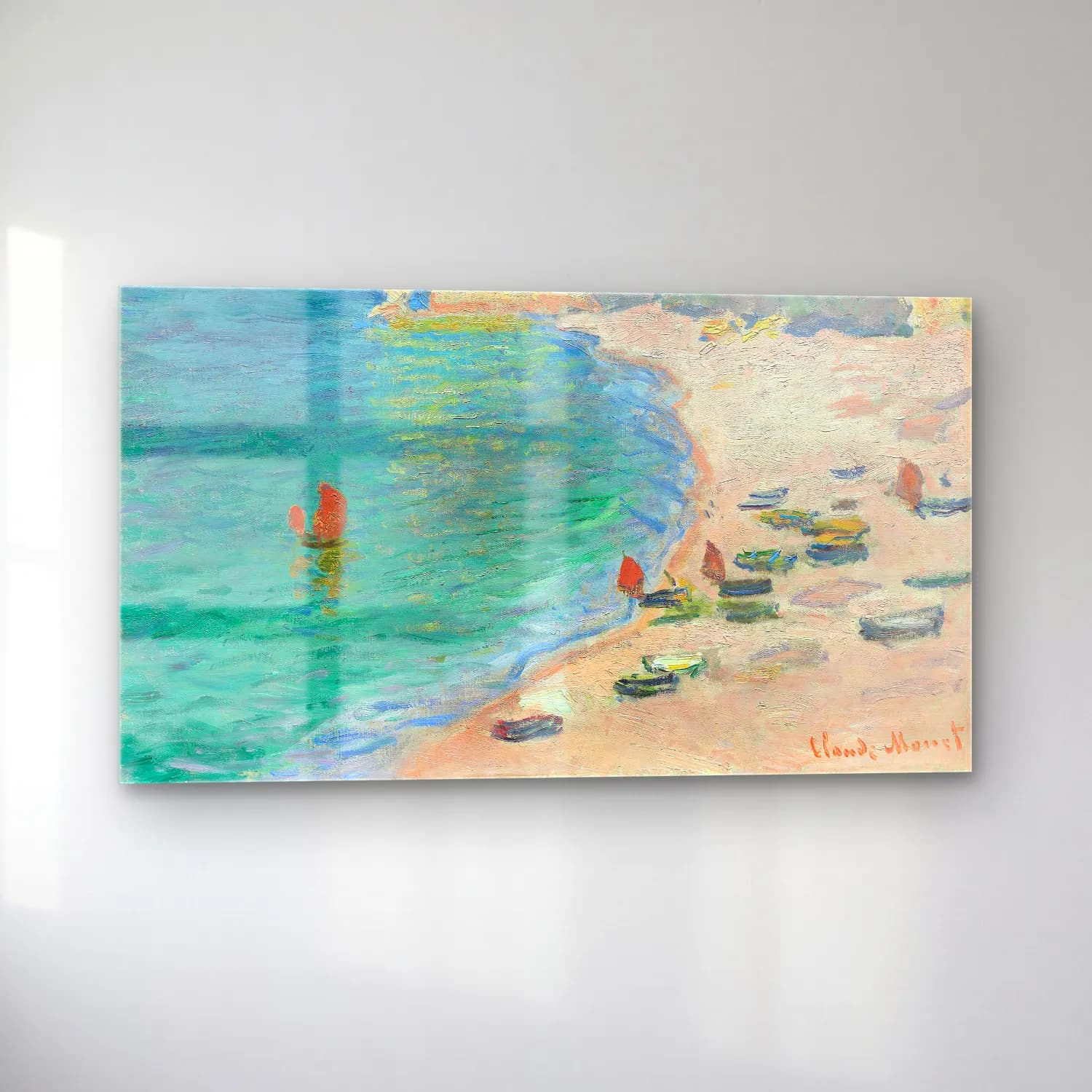 Claude Monet – The Beach and the Falaise d Amont cam tablo — sol açıdan görünüm