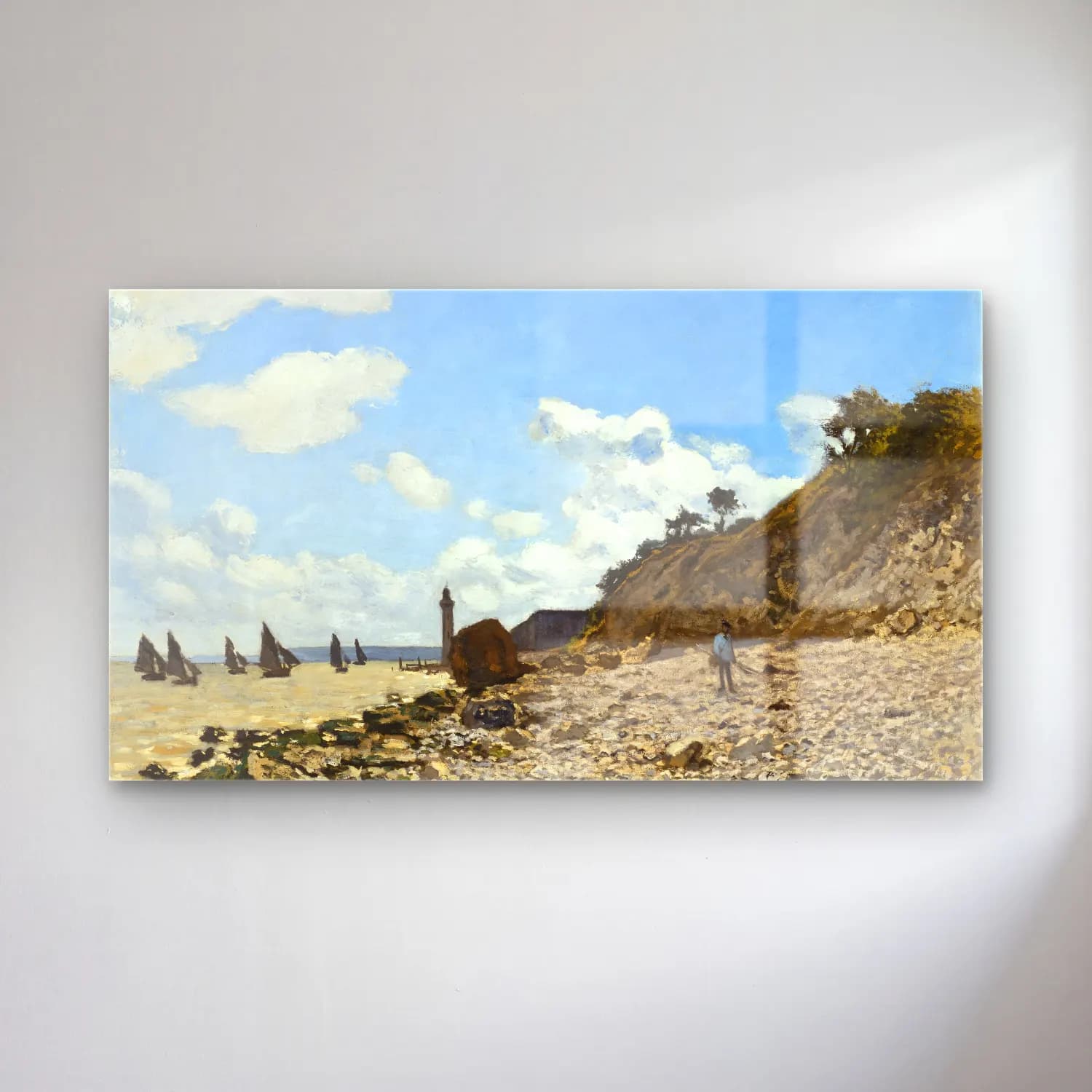 Claude Monet – The Beach at Honfleur – Bej Tonlar cam tablo — Claude Monet – The Beach at Honfleur – Bej Tonlar — empresyonist deniz feneri