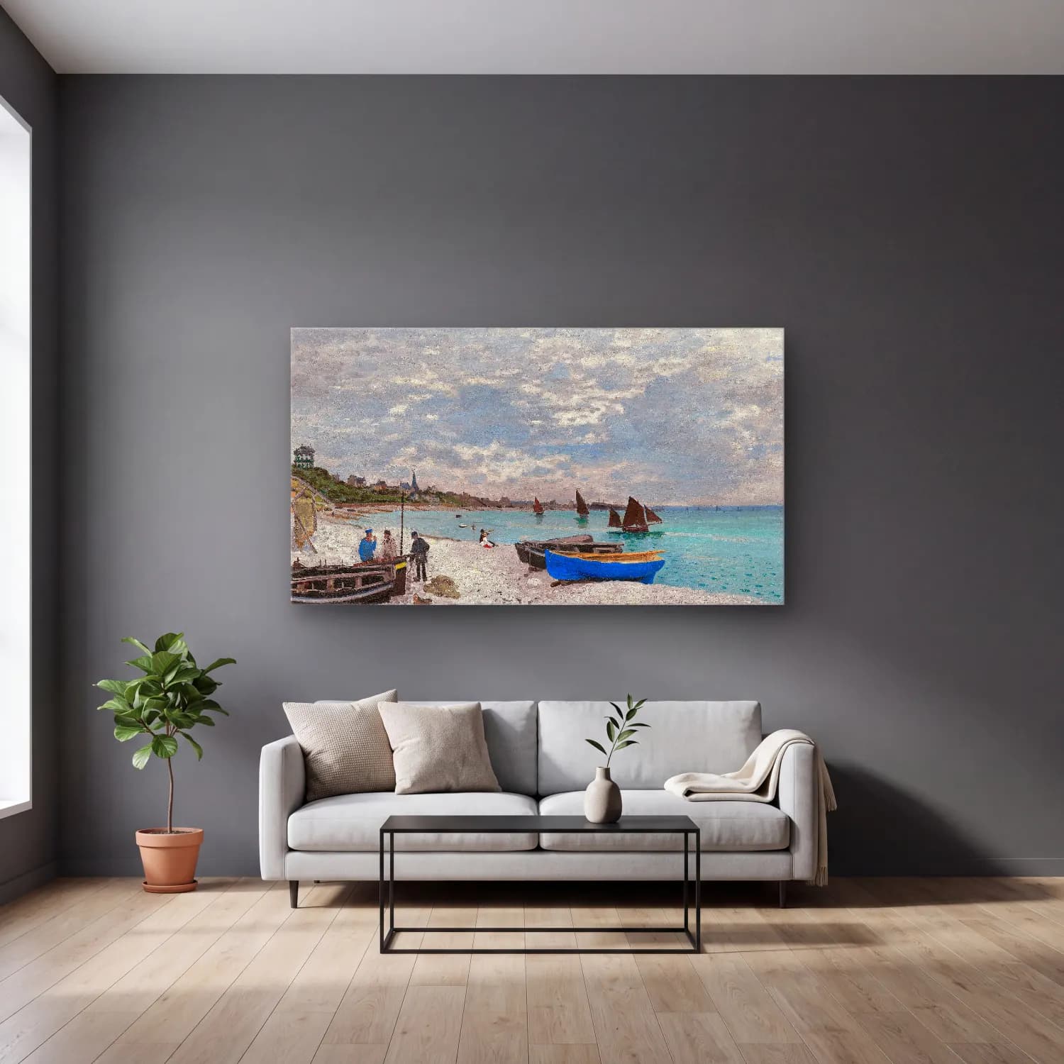 Claude Monet – The Beach at Sainte-Adresse cam tablo — gri duvarlı salonda