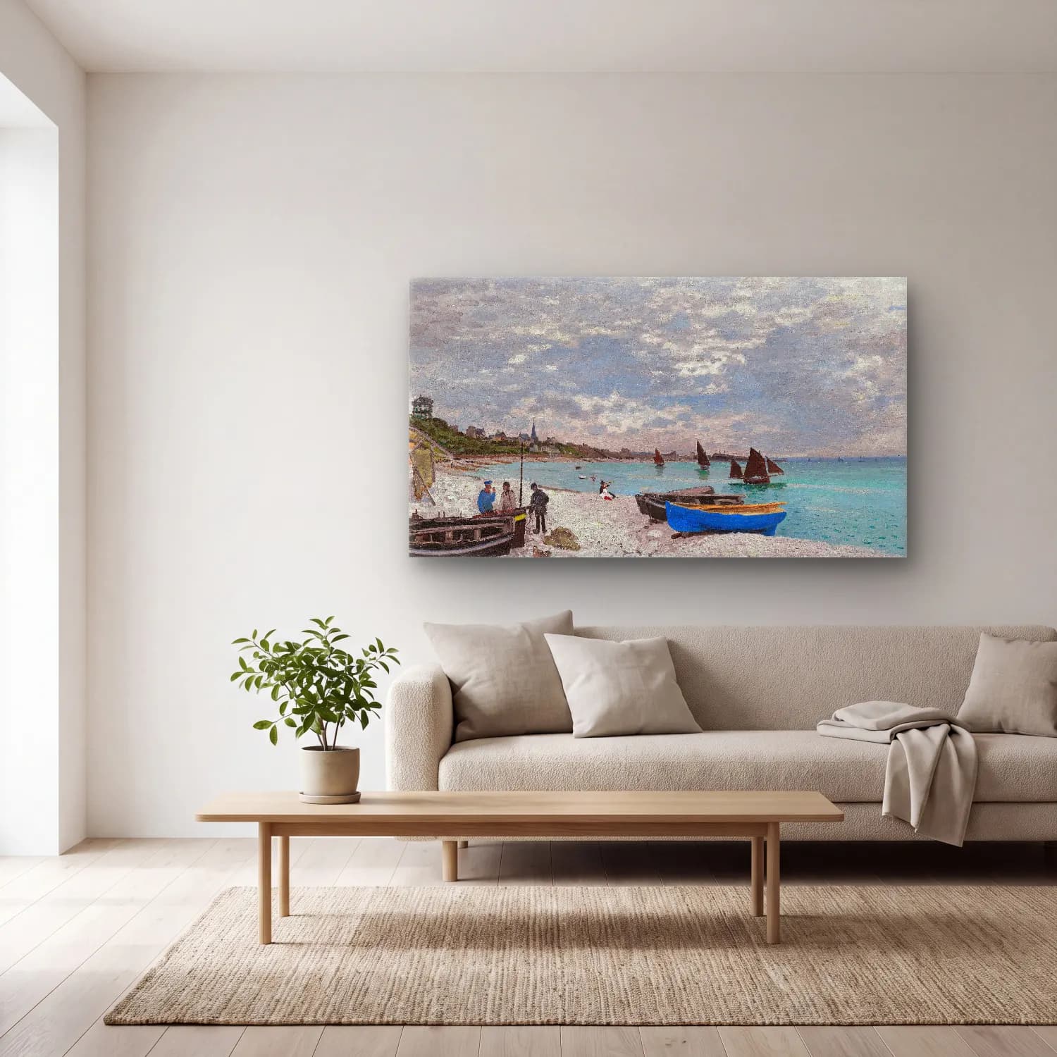 Claude Monet – The Beach at Sainte-Adresse cam tablo — açık renk salonda