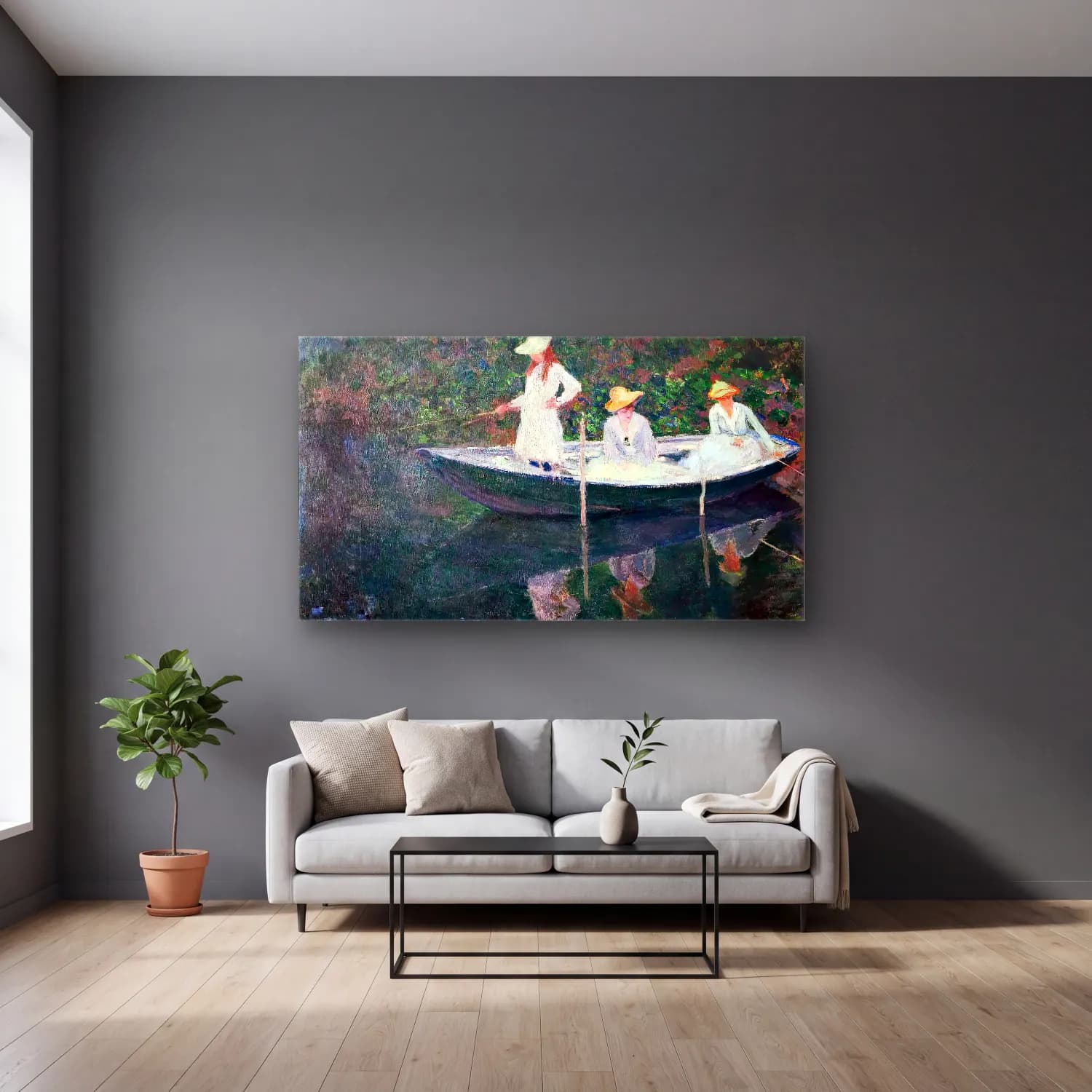 Claude Monet – The Boat at Giverny cam tablo — gri duvarlı salonda