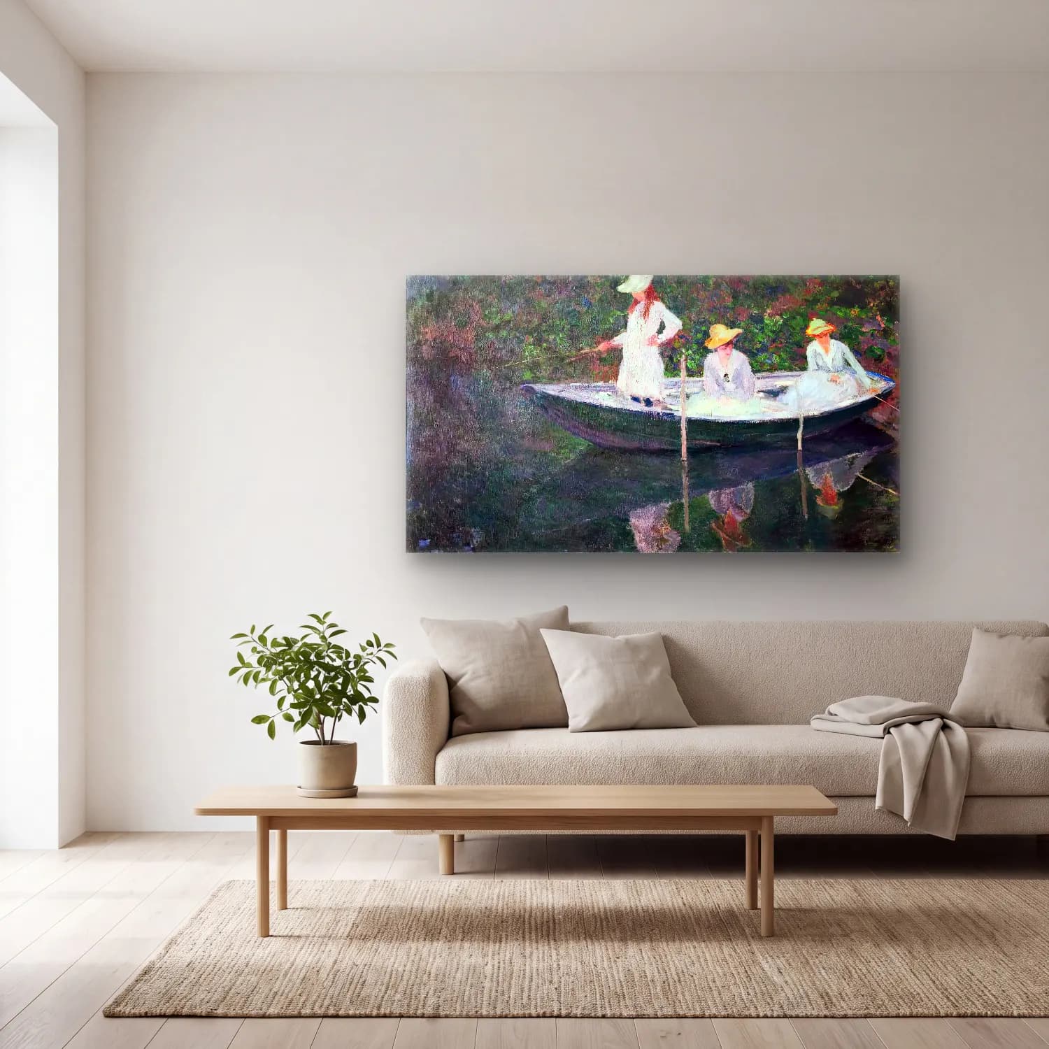 Claude Monet – The Boat at Giverny cam tablo — açık renk salonda