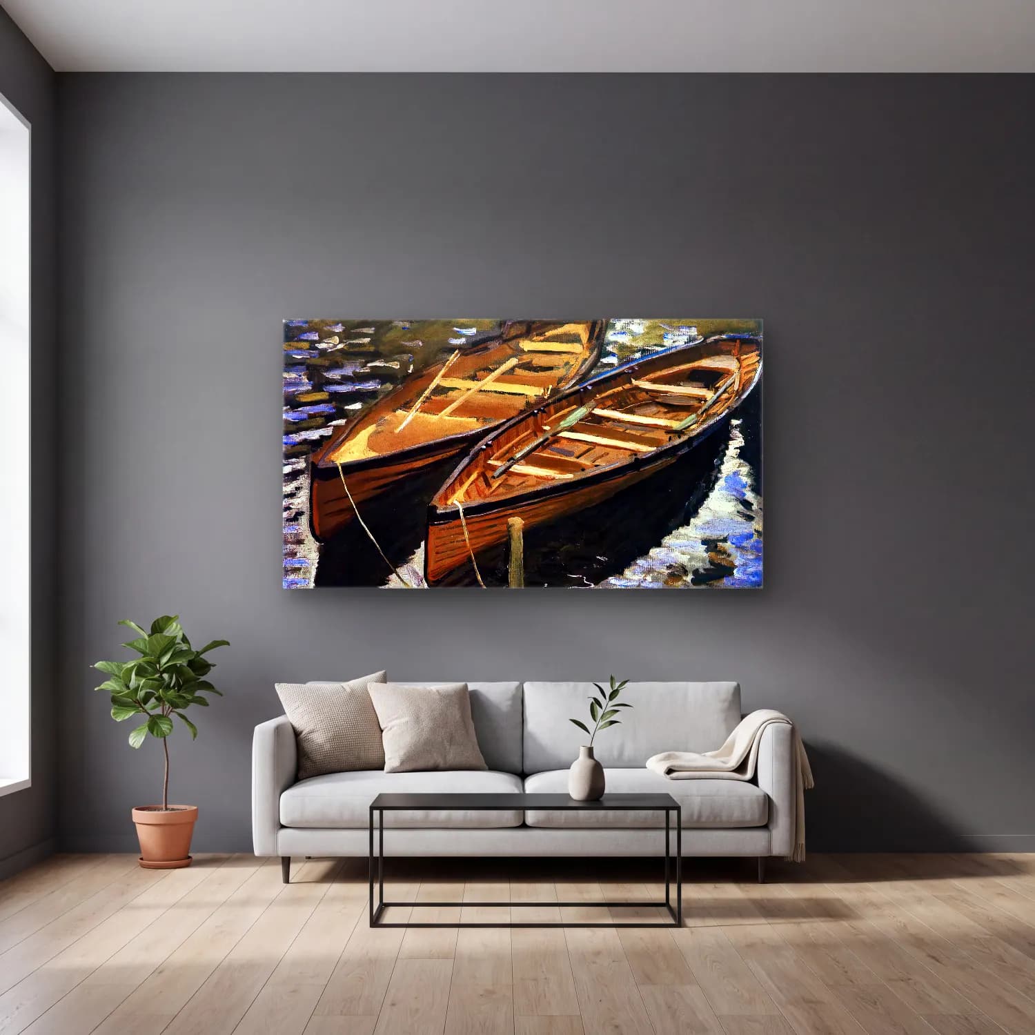 Claude Monet – The Boats cam tablo — gri duvarlı salonda