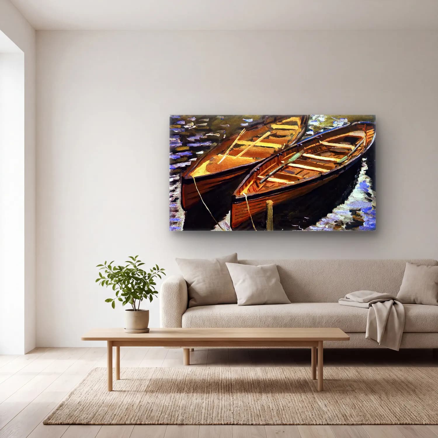 Claude Monet – The Boats cam tablo — açık renk salonda
