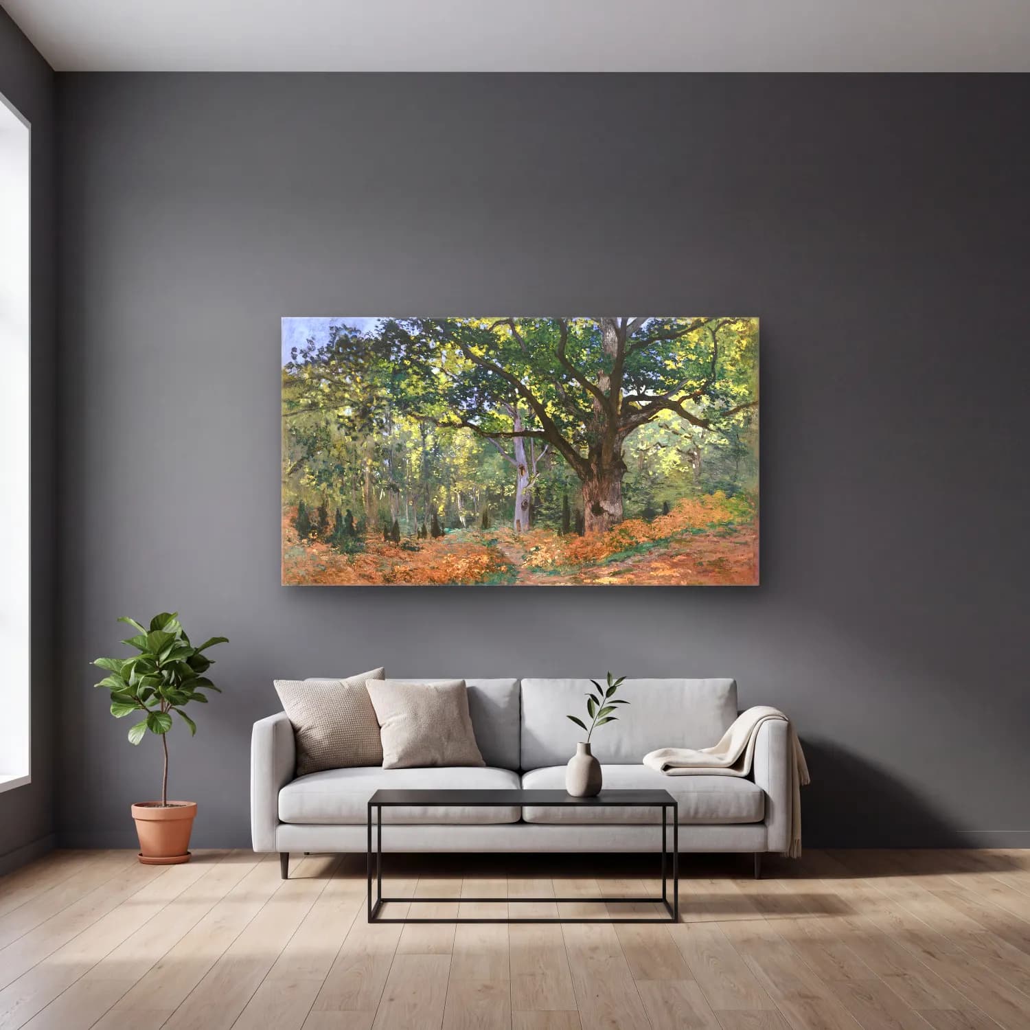 Claude Monet – The Bodmer Oak, Fontainebleau Forest cam tablo — gri duvarlı salonda