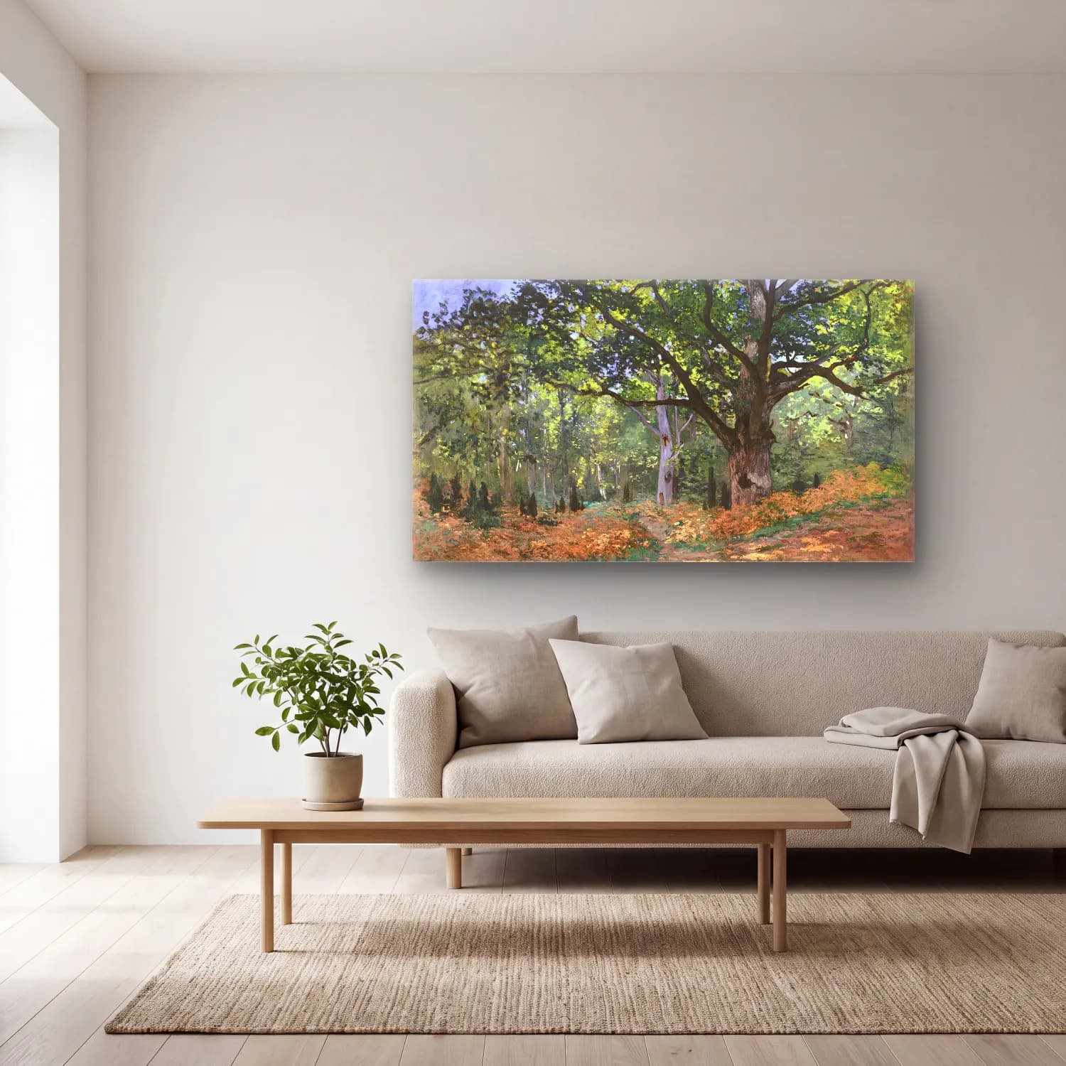 Claude Monet – The Bodmer Oak, Fontainebleau Forest cam tablo — açık renk salonda