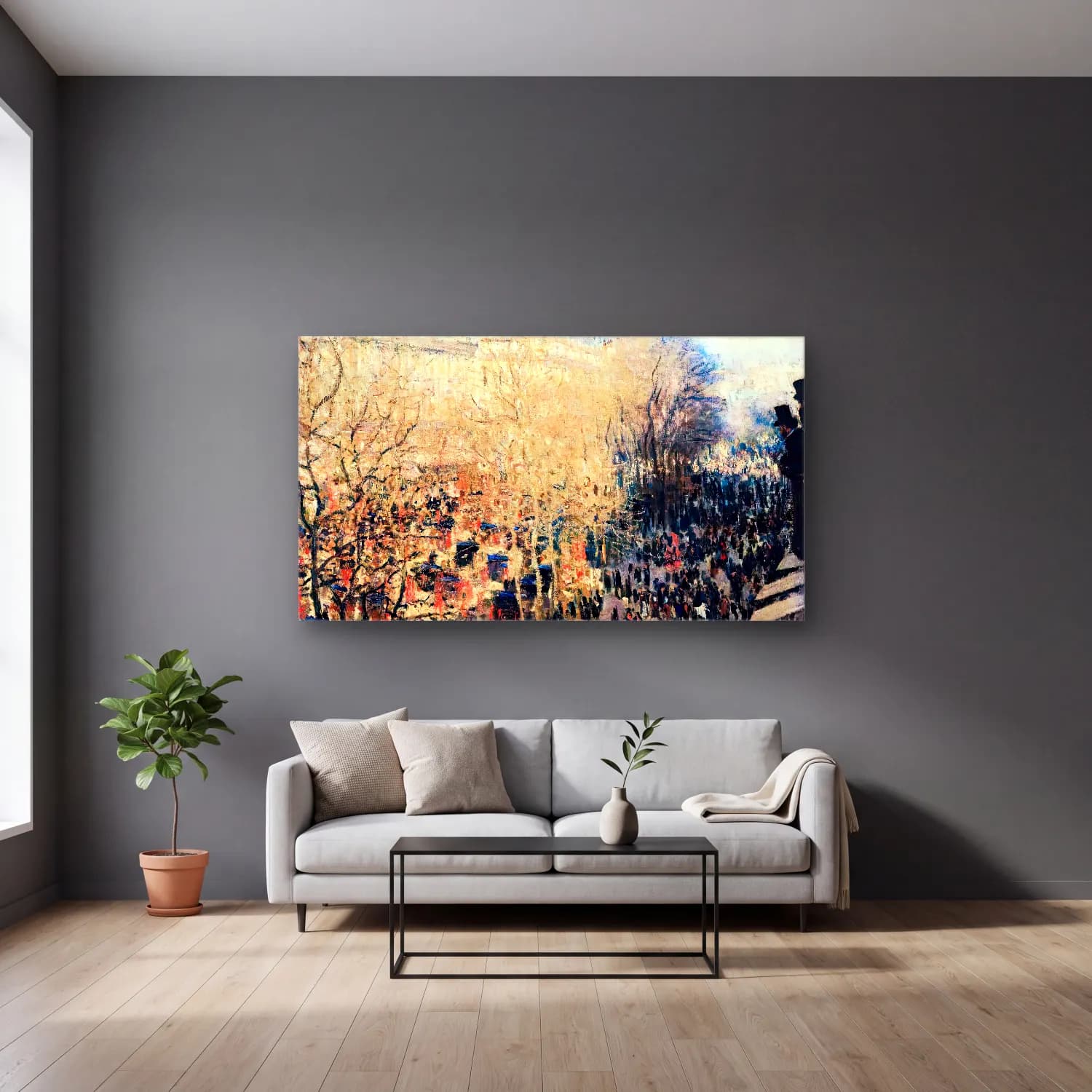 Claude Monet – The Boulevard des Capucines in Paris cam tablo — gri duvarlı salonda